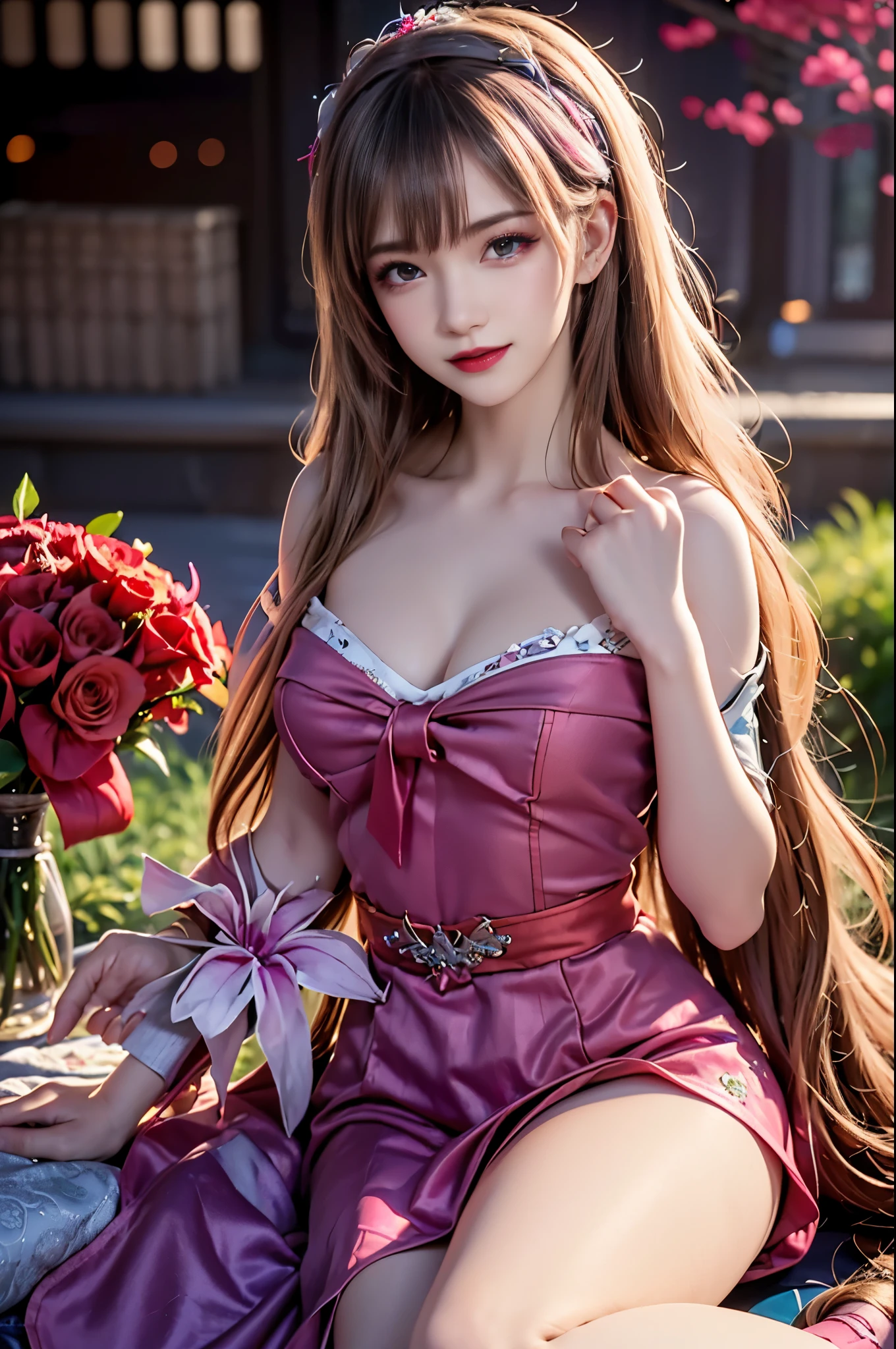 (ultra-Detailed Background, Detailed Background), Absurd, High resolution, Very detailed, Very detailed, 1 Girl, Yoshiko Yae, Pink Hair, Purple eyes, (bouquet:1.3), (Tangled:1.2), (Geometric:1.2),(Rich and colorful),