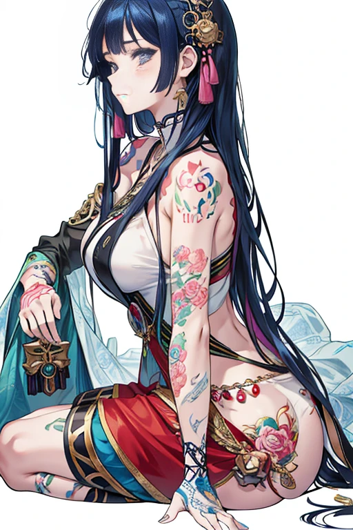 Close up portrait of woman with tattoos on her body, Anime characters; Full Body Art, Inked and colored, Enchanting anime girl, [ 4k digital art ]!!, Beautiful and attractive anime woman, By Kentaro Miura, アニメ女性のFull Body Art, Beautiful and detailed anime art, Beautiful anime girl crouching, Highly detailed art gems, I also make fan art