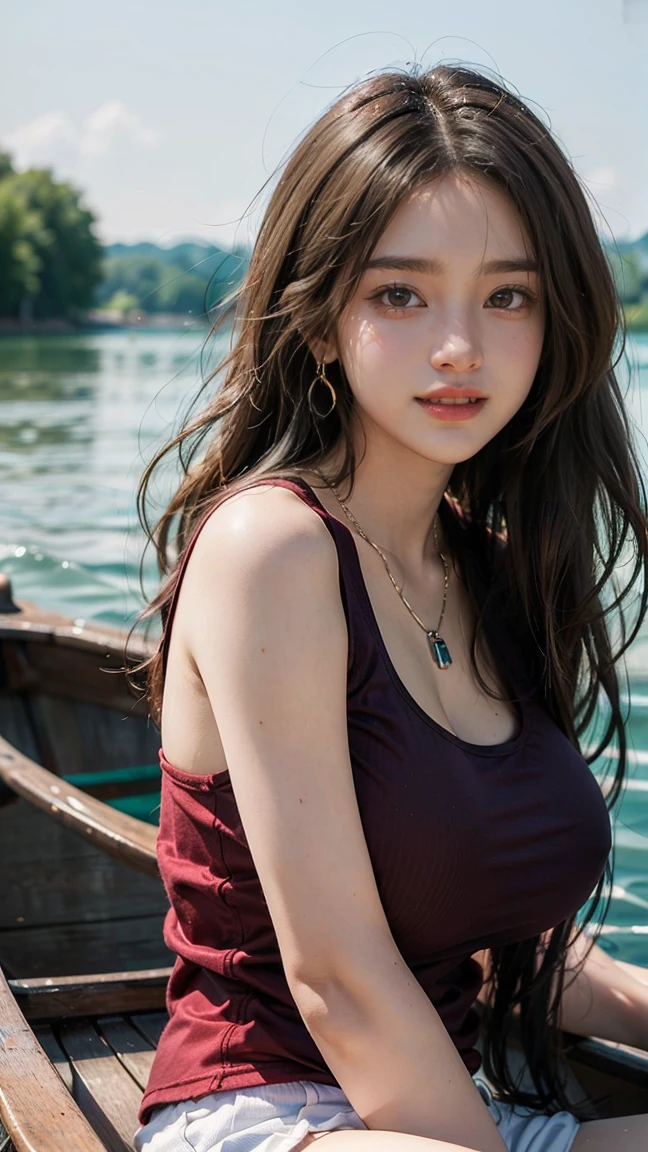 (Masterpiece, BestQuality:1.3), (ultra detailed:1.2), (hyperrealistic:1.3), (RAW photo:1.2),High detail RAW color photo, professional photograph, (Photorealistic:1.4), (realistic:1.4), ,professional lighting, (japanese), beautiful face, (realistic face), cute woman, (Big Tits:1.5), (cheerful Smile:1.5), Trending Hair&Trending Hairカラーをランダムに, earrings, necklace, bracelet, sexly, erotic sexly, Random sexy gravure poses, (A beautiful brunette woman wearing a red tank top and shorts、She is smiling and posing sexy while rowing a boat on the lake.。:1.3)