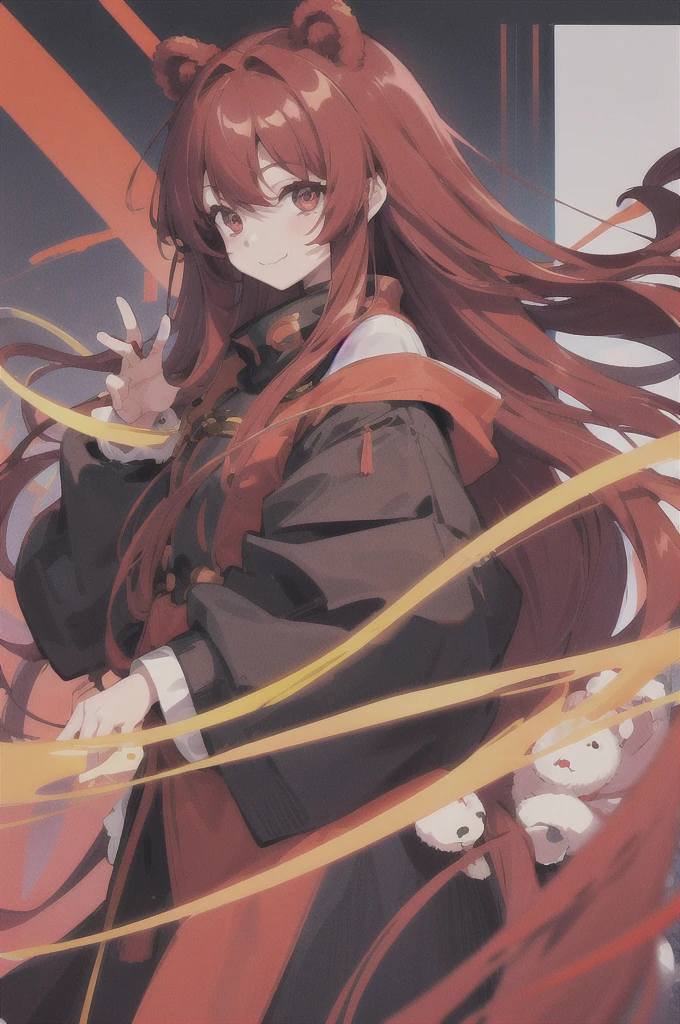 Bear、costume、girl wearing、Hair color is golden、long hair、
Wavy hair、Red eyes、smile