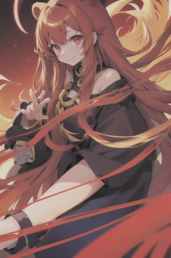 Bear、costume、girl wearing、Hair color is golden、long hair、
Wavy hair、Red eyes、smile