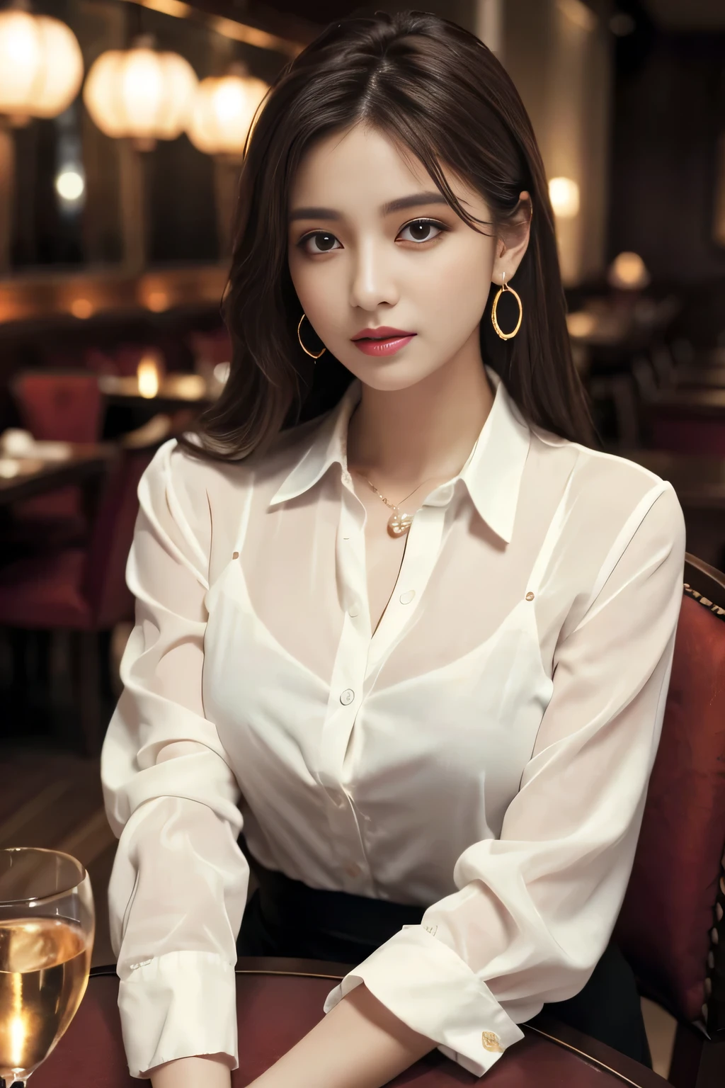 masterpiece, Highest quality, Realistic, Very detailed, Finer details, High resolution, 8k wallpaper, One beautiful woman, Wear an elegant see-through shirt, In a great restaurant, At night, Light brown messy hair, Perfect dynamic composition, Beautiful and beautiful eyes、Big earrings、Sit on a chair、