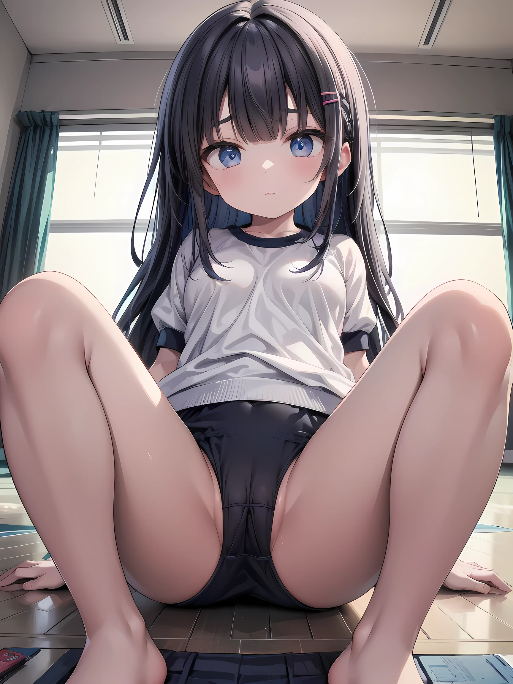 (realistic, photo realistic:1.2), ((highest quality)), move the center of gravity backwards, pretty embarrassing, 1girl, long hair, Braiding, hair clip, Barefoot, School gym suit, blue buruma, (Panty shot:1.3), (sitting on ground:1.4), put the heel on the ground, (spread legs:1.2), squat with your knees up, Attach your ass to the ground, beautiful face details, real human skin, gentle expression, Front view, angle from below, realistic, photorealistic, squat deep on school grounds, whole body, (looking at the viewer:1.2), From before, from below