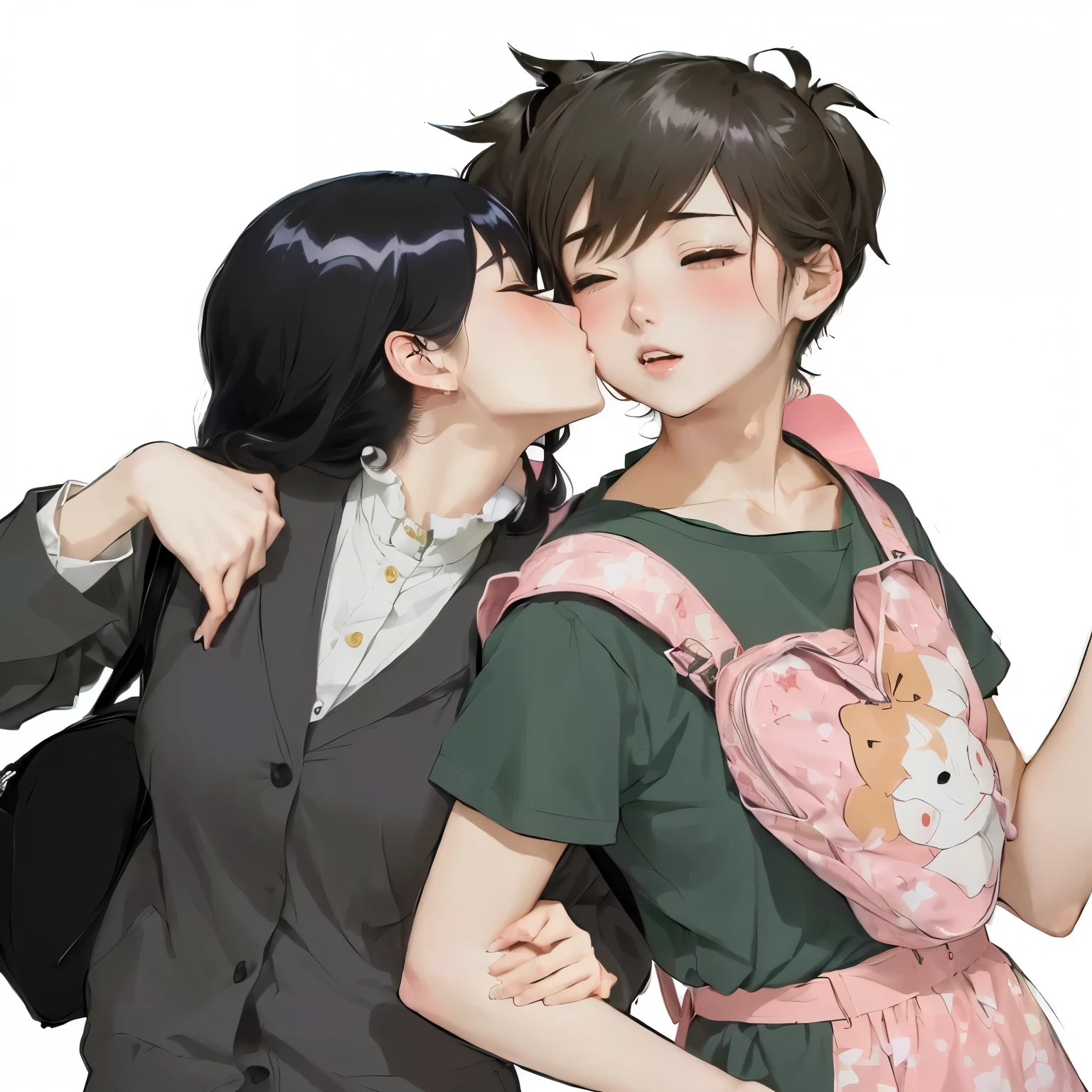 anime couple kissing and kissing each other with a pink backpack, kissing together cutely, lesbian art, yaoi, high quality fanart, by Yanagawa Nobusada, kiss mouth to mouth, by Naka Bokunen, huang yuxing and aya takano, yoshitomo nara and aya takano, by Shingei