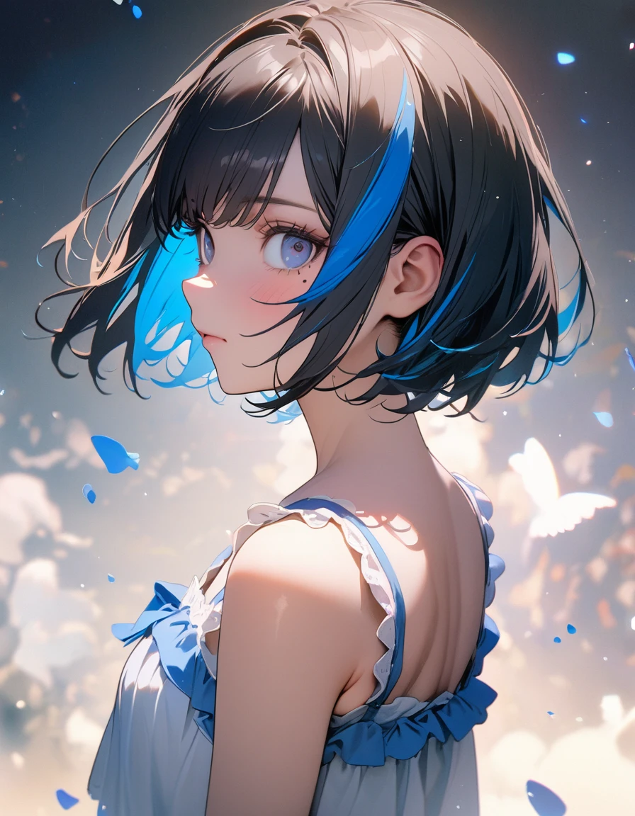 (8K,4K,best quality, master piece: 1.2), super high resolution,1 Beautiful woman,16yo,ultra-detailed face, detailed eyes,blue eyes,mascara,brown eyes,(mole under eye),:>,frilled camisole,(black hair, blue streaked hair),bob cut,looking at viewer,ポートレート,blue splash background