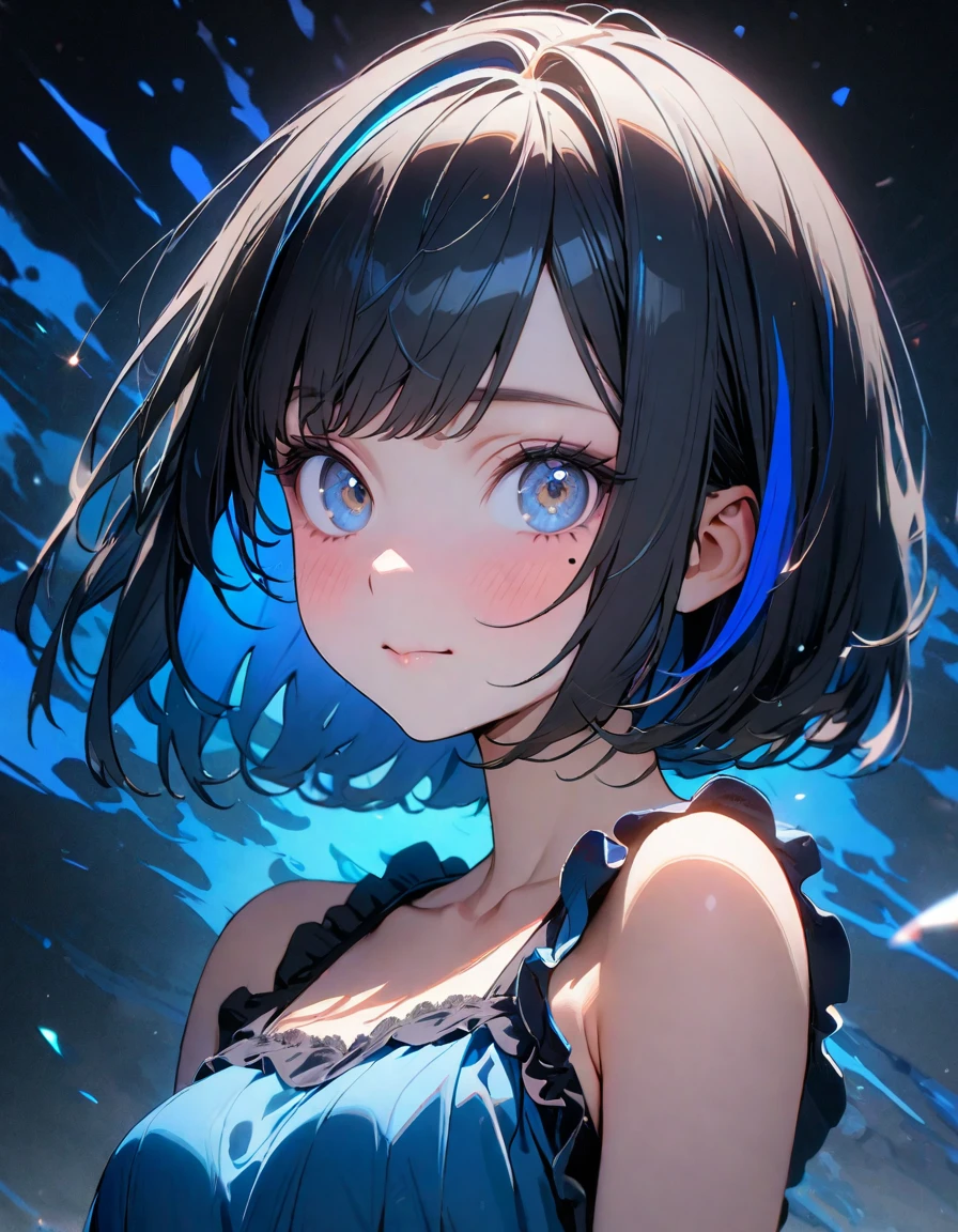 (8K,4K,best quality, master piece: 1.2), super high resolution,1 Beautiful woman,,ultra-detailed face, detailed eyes,blue eyes,mascara,brown eyes,(mole under eye),:>,frilled camisole,(black hair, blue streaked hair),bob cut,looking at viewer,ポートレート,blue splash background