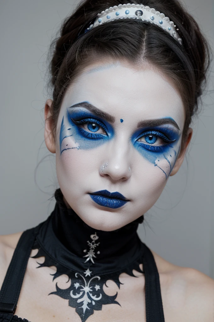 a traditional goth girl with blue eyes, white face makeup and very big eyeliner