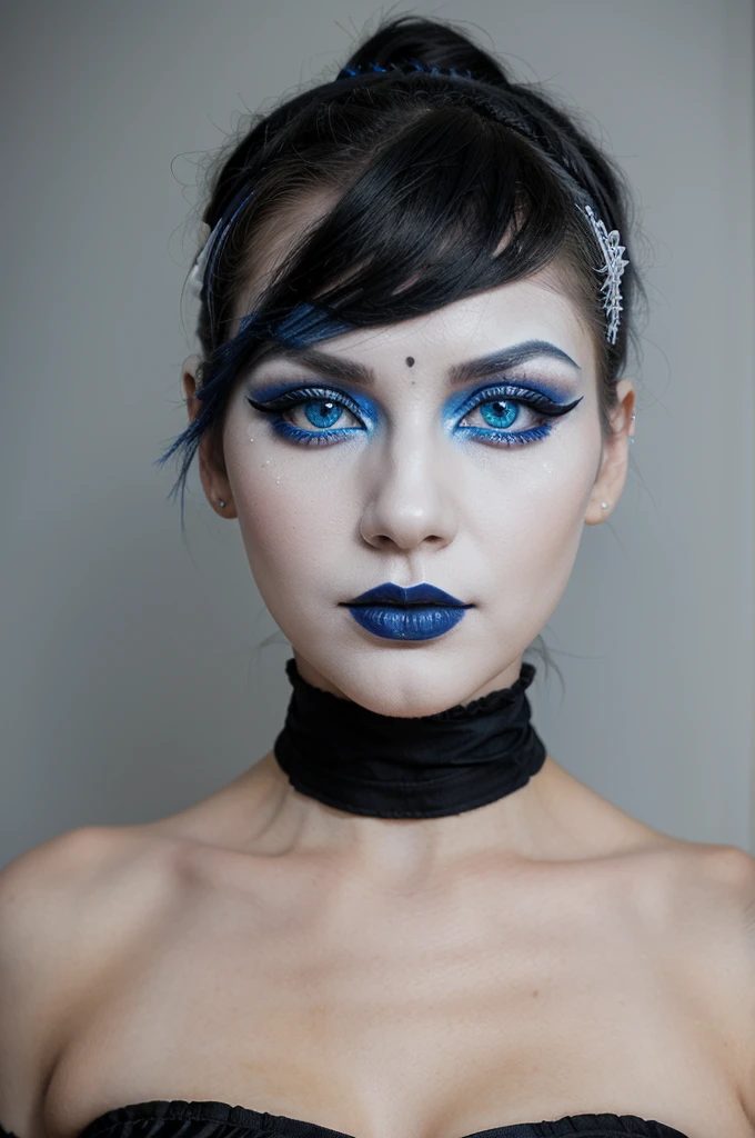 a traditional goth girl with blue eyes, white face makeup and very big eyeliner
