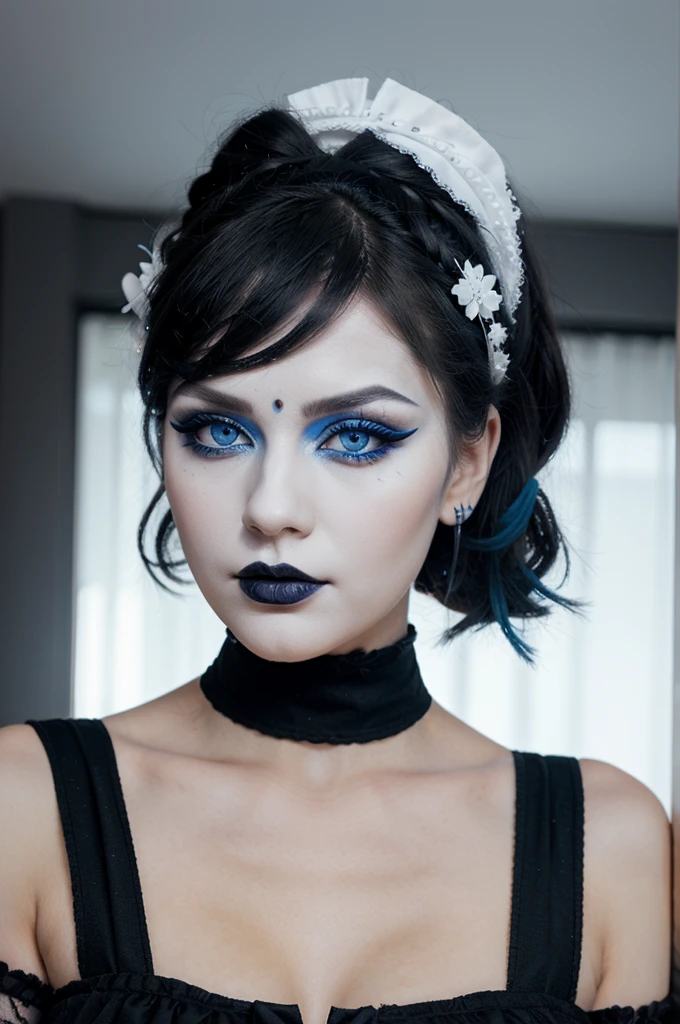 a traditional goth girl with blue eyes, white face makeup and very big eyeliner