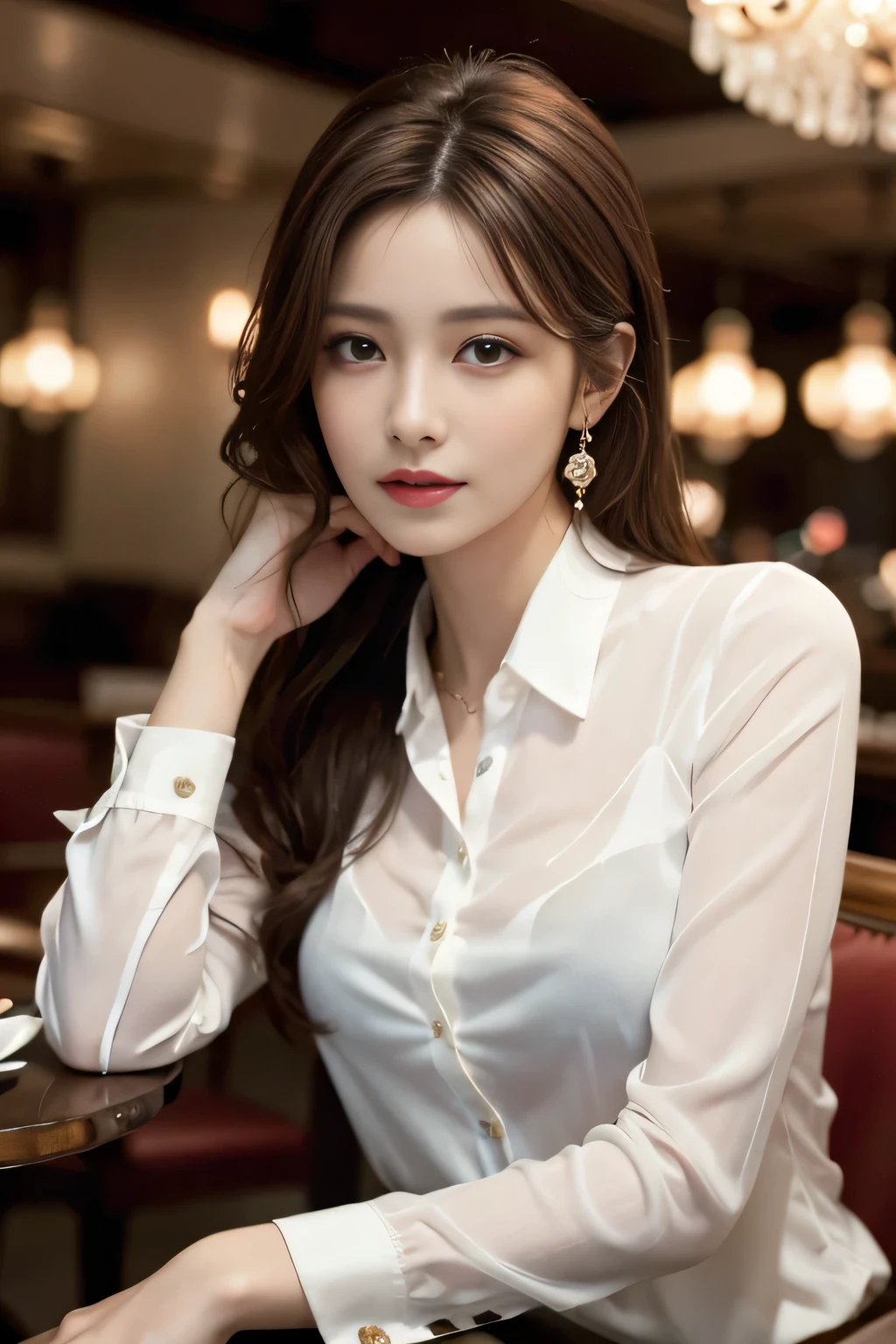 masterpiece, Highest quality, Realistic, Very detailed, Finer details, High resolution, 8k wallpaper, One beautiful woman, Wear an elegant see-through shirt, In a great restaurant, At night, Light brown messy hair, Perfect dynamic composition, Beautiful and beautiful eyes、Big earrings、Sit on a chair、