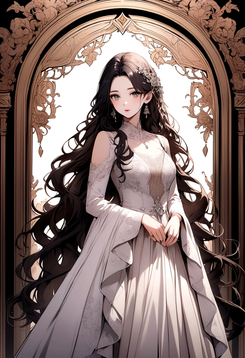 Beautiful woman with black hair , Long wavy hair, white image background