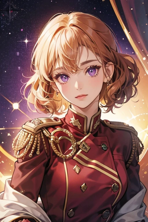 she has short, curly blond hair and violet eyes . she usually wears a maroon military uniform with brown epaulettes. SPARKLE; GLITTER