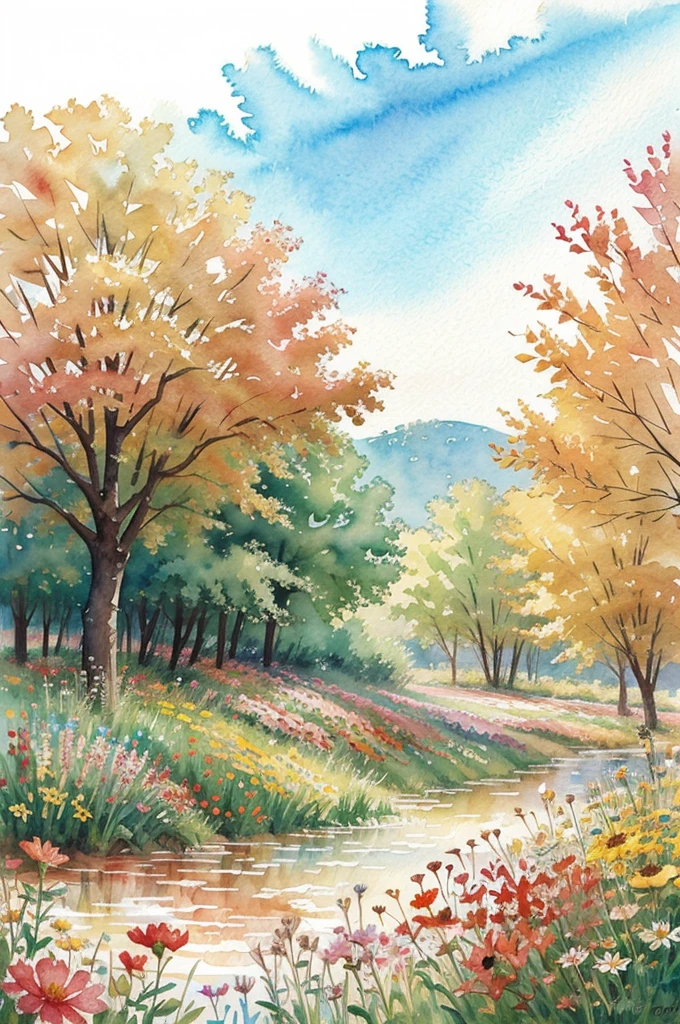 Watercolor flowers landscape background, abstract flowers made from watercolor paint splashes summer landscape, impressionism style illustration