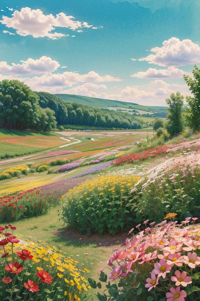 Watercolor flowers landscape background, abstract flowers made from watercolor paint splashes summer landscape, impressionism style illustration