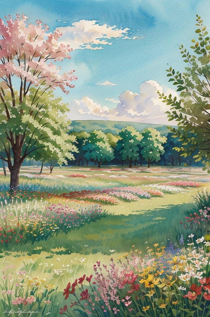 Watercolor flowers landscape background, abstract flowers made from watercolor paint splashes summer landscape, impressionism style illustration
