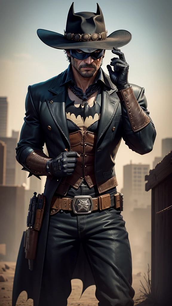 Batman in Wild West style, wearing Cowboys black lather clothes, eye mask, Cowboys hat and bring a pistol, in cowboy city, cinematic, extreem realistic, extreem detailed, extreem Sharp, super high resolution image, best quality photo,