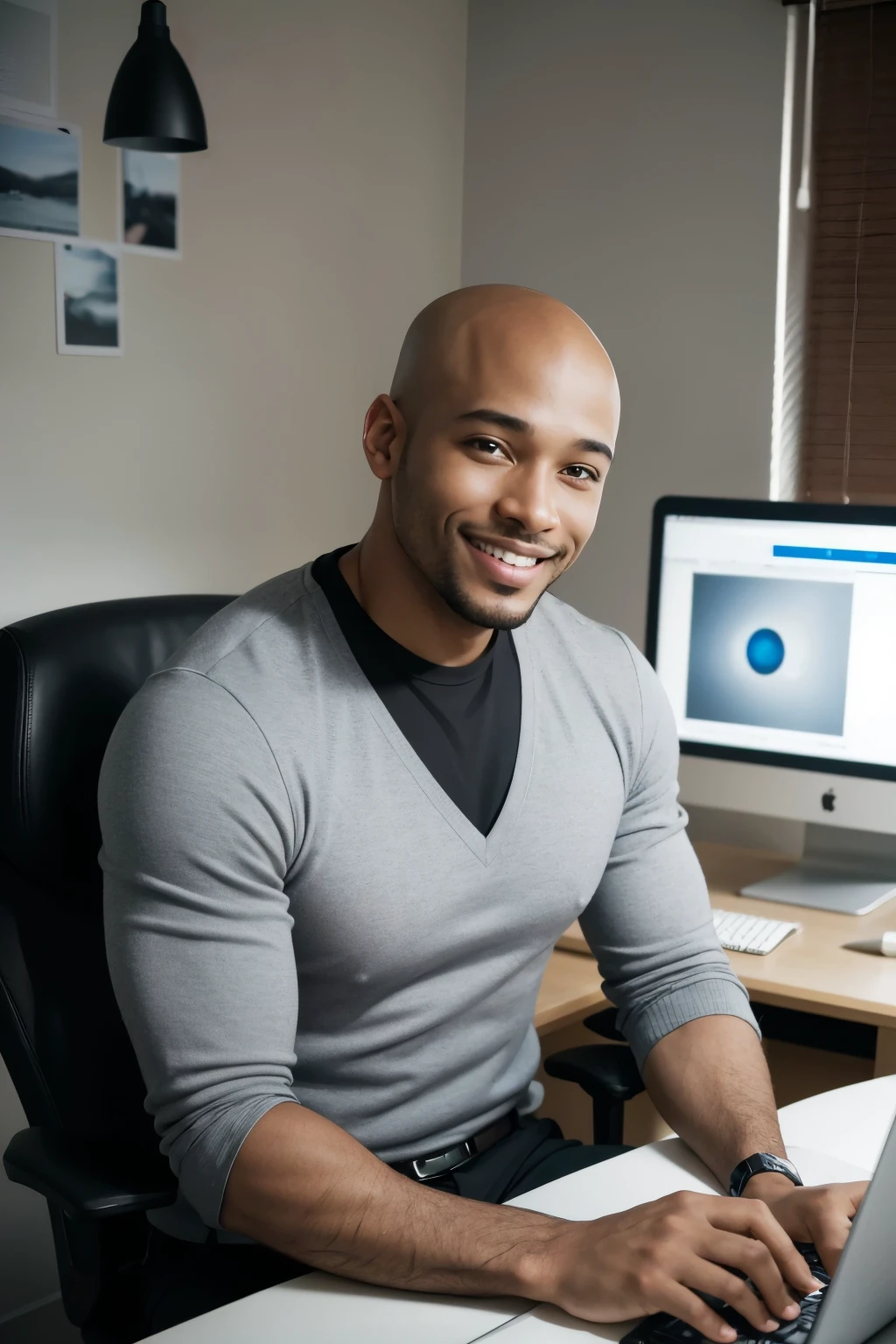 "Create an image of a Black man, bald, around 35 years old, sitting at a graphic designer's desk. He is using a computer and looking at the camera with a joyful expression. The man has a medium brown skin tone, a friendly smile, dark eyes with well-defined gray eyebrows, a slightly angular jawline, and visible cheekbones. The scene should convey a modern and creative atmosphere, with elements typical of a graphic design workspace, such as monitors, drawing tablets, and office accessories."