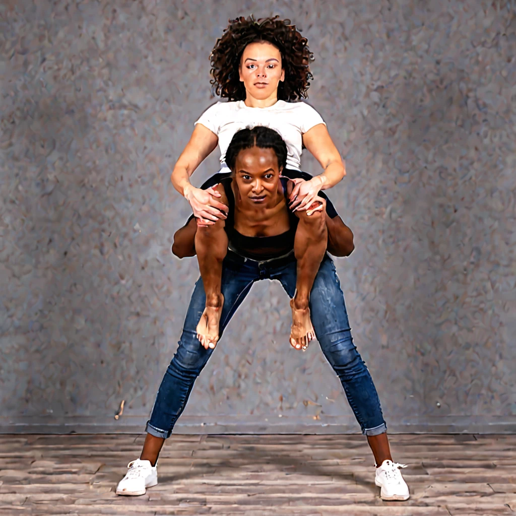 Russian woman carries black woman on her back fixed hands fixed arms consistent full body