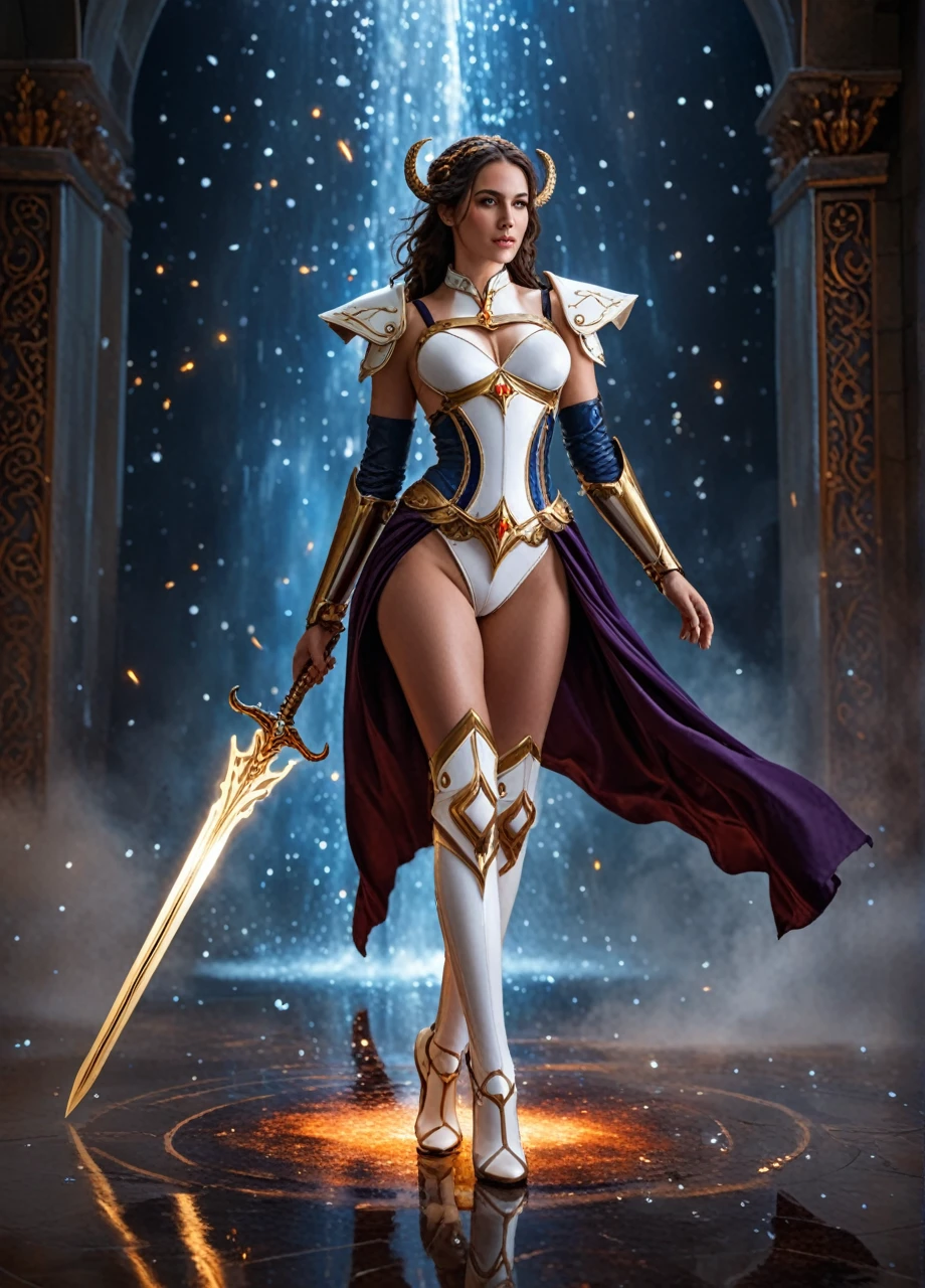 (((full body photo))) HKStyle,Envision a striking woman in battle-worn, (realistic skin:1.5), (beautiful face:1.4), white armor, her presence exuding both strength and grace within a minimalist, pure white sanctum. ((Full body photo,standing, feet on the ground)) Her armor, though predominantly pristine, is artfully adorned with a cascade of celestial motifs and intricate filigree that shimmer with a subtle iridescence. In her hand, a formidable sword with an ornate hilt and a blade that reflects a kaleidoscope of ethereal colors, as if forged from the very essence of light. The wall behind her comes alive with an explosion of vibrant, cosmic paint splatters, reminiscent of a supernova, with hues of deep purples, fiery oranges, and celestial blues that create a stark contrast against the white room and armor. The vivid paint seems to be in motion, ((Full body photo,standing, feet on the ground)) with droplets suspended in the air, capturing the aftermath of a mythical battle. Her stance is one of defiant beauty, eyes that tell tales of ancient wars, her hair a flowing tapestry of gold that catches the light of the surrounding chaos. The scene is imbued with an otherworldly glow, adding a sense of surreal drama to the composition, making it not just a picture, but a story of the cosmos itself woven into the very fabric of her being