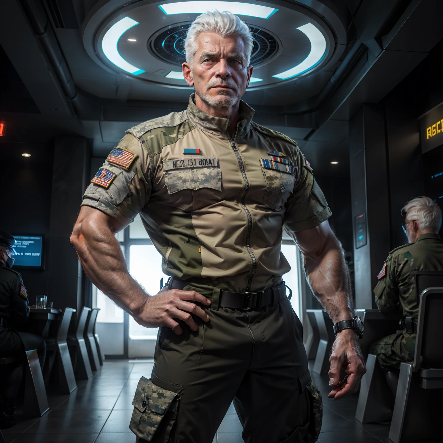 An old man with white hair, futuristic clothes, military clothes, futuristic military clothes, athletic, lightly muscular, Eyes wide