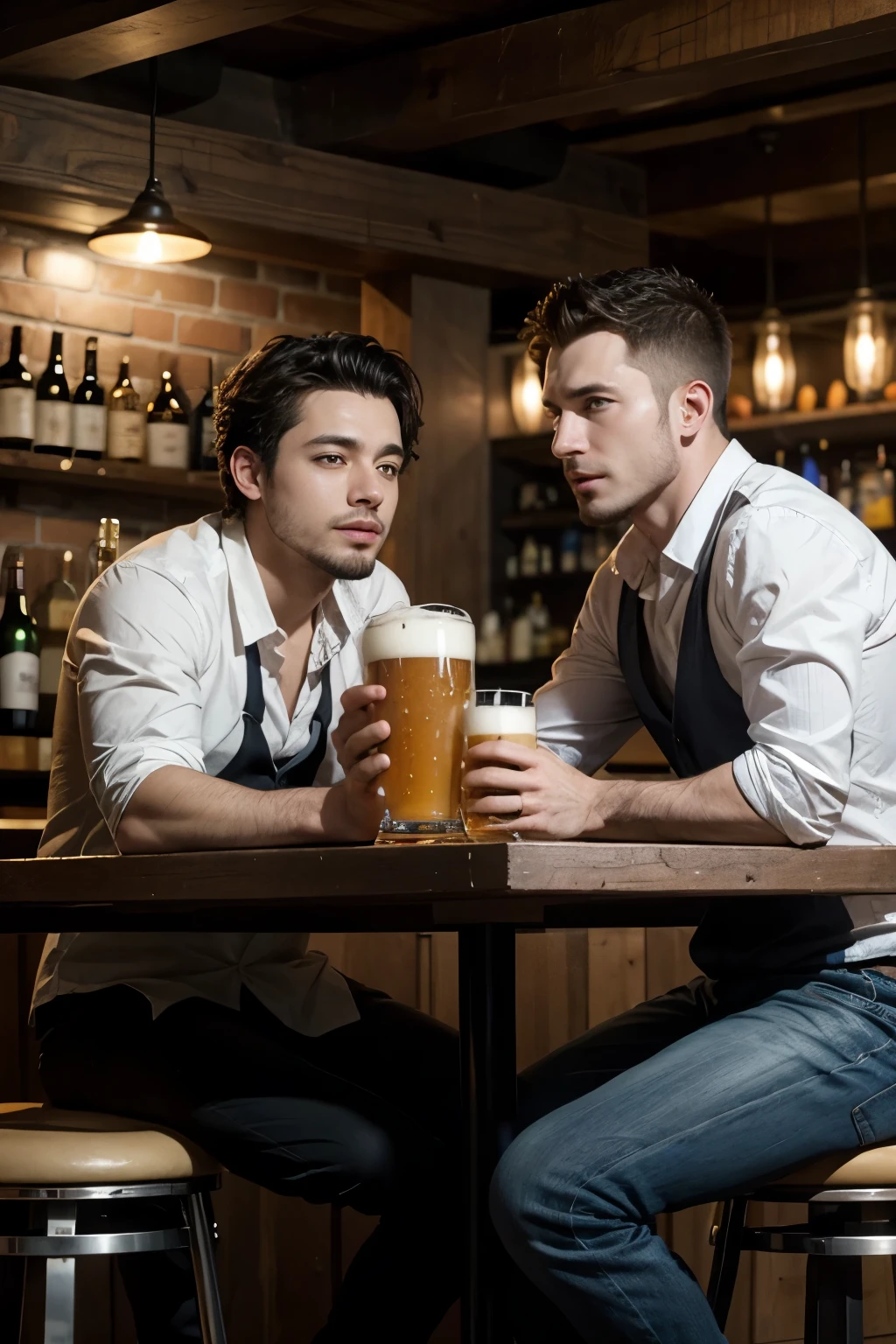 CREATE TWO MEN IN THE BAR HAVING BEER , BEAUTIFUL LARGE BAR
