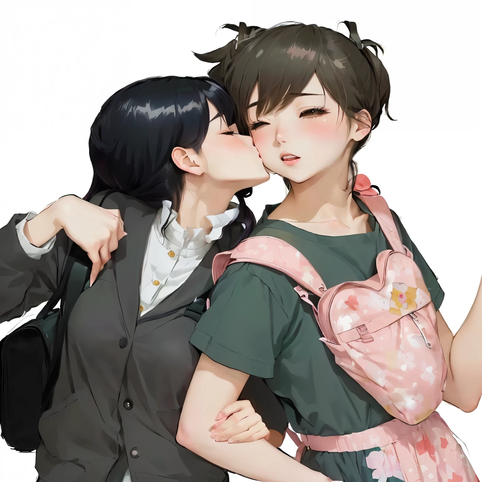 anime couple kissing and kissing each other with a pink backpack, kissing together cutely, lesbian art, yaoi, high quality fanart, by Yanagawa Nobusada, kiss mouth to mouth, by Naka Bokunen, huang yuxing and aya takano, yoshitomo nara and aya takano, by Shingei