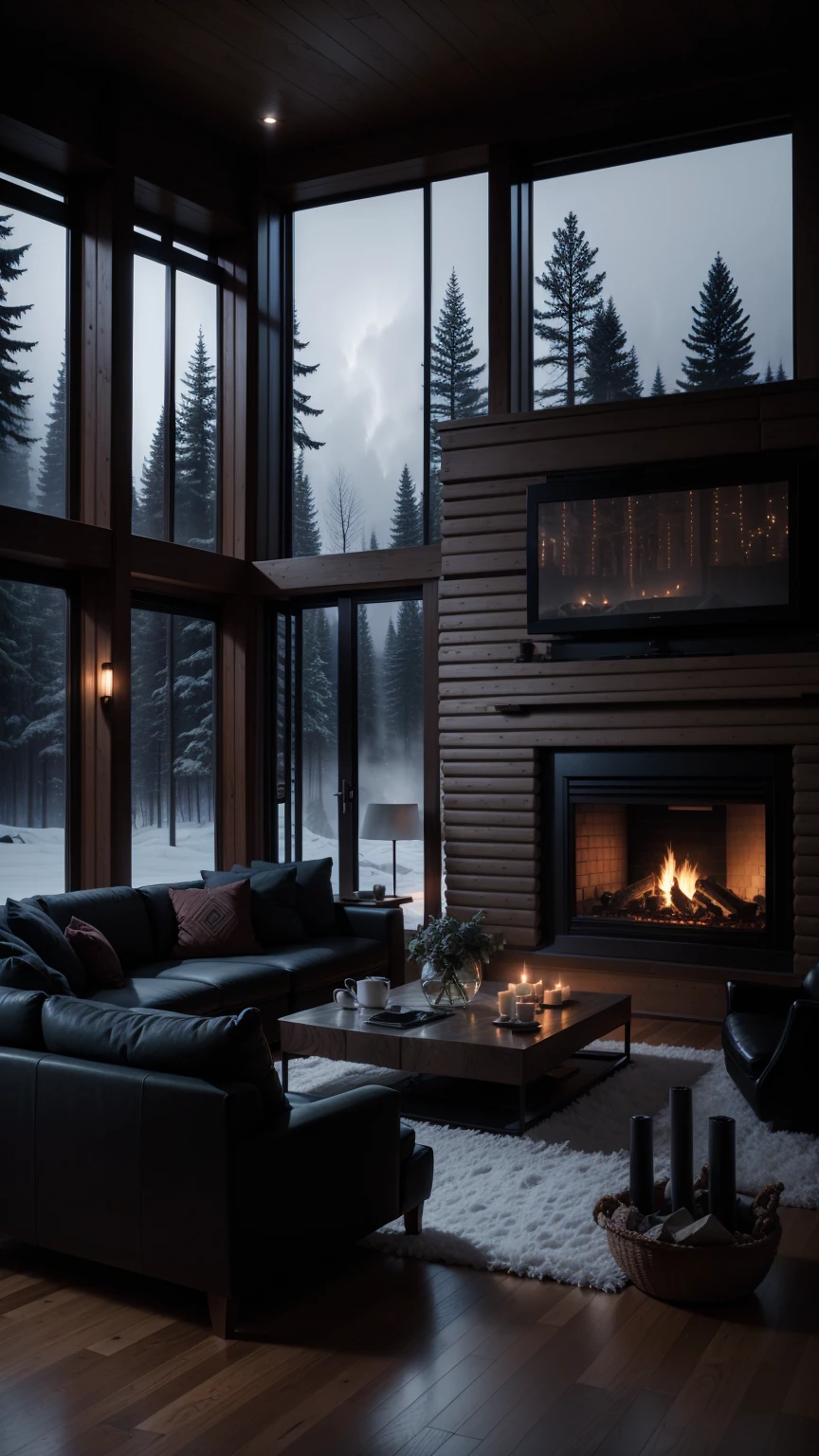 cozy living room with fireplace at night on the edge of misty forest