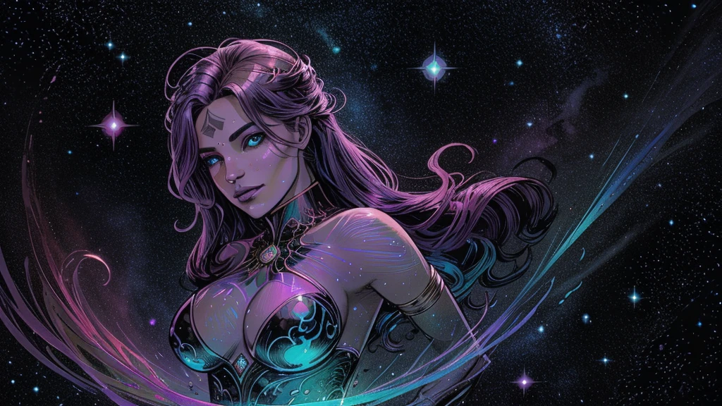 In a kaleidoscopic realm of swirling iridescent stardust and blazing neon nebulae, the celestial enchantress Grace holds rapturous dominion. Her incandescent form outshines the brilliance of quasars.
Grace's divine visage is haloed by ethereal obsidian tresses cascading down her curvaceous silhouette. Her smoldering indigo eyes penetrate any who behold their kaleidoscopic depths.
The enchantress's prismatic garments radiate the full spectrum across her sensuous curves. Diaphanous crimson, ultraviolet, and violet robes spiral in a chromatic vortex. Stardust swirls crown her as the mistress of beguiling chromatic allure.
Her chromatic domain births new realms of dazzling color - fuchsia nebulae amid emerald stellar nurseries shower azure stars. Colliding amber and turquoise galaxies birth ultraviolet and indigo splendor.
Though her chromatic temptation could overwhelm mortals, Grace's power lies in nurturing radiance. Weaving prismatic strands, she infuses newborn celestial bodies with infinite potential. Obsidian lips seem to breathe the secrets of rainbows.
In this blinding, coruscating realm, the smoldering yet fully-clothed celestial enchantress Grace reigns supreme. Her irresistible kaleidoscopic allure fuels perpetual dazzling creation and rebirth throughout the cosmos.