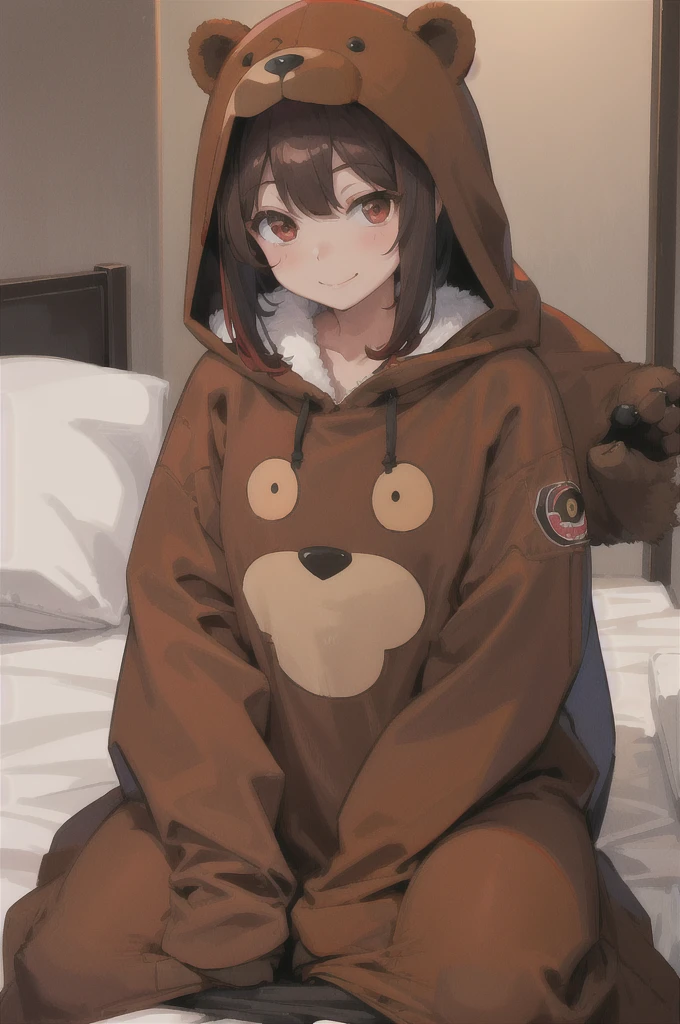 A girl wearing a brown bear costume、Hair colorGold、
Bob、Red eyes、Shy smile、On the bed