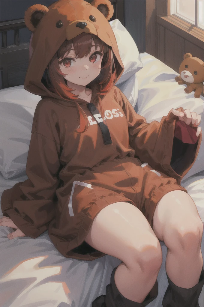A girl wearing a brown bear costume、Hair colorGold、
Bob、Red eyes、Shy smile、On the bed
