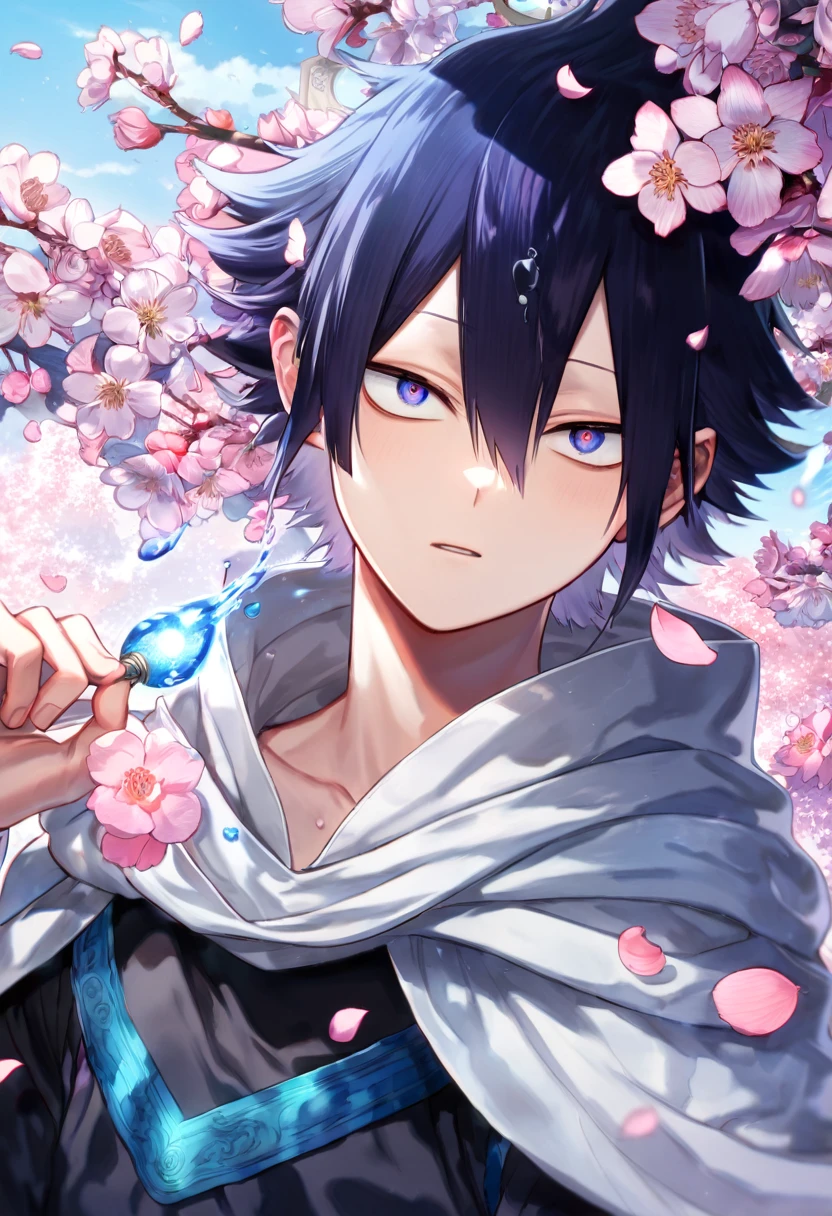 absurdres, highres, ultra detailed, HDR, master piece, Amajiki Tamaki, messy indigo hair, expressive indigo eyes, white cape with a hoddie, Boku No Hero Academia, black clothes, sexy man, handsome, best quality, blossoms, pink petals, pink flowers, water, fantasy, magical, blue shining fireflies, solo, magic