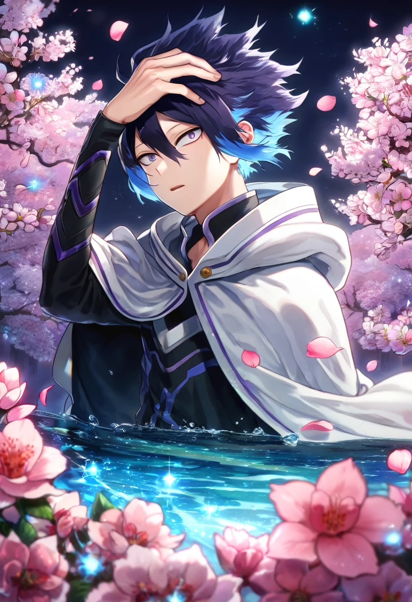 absurdres, highres, ultra detailed, HDR, master piece, Amajiki Tamaki, messy indigo hair, expressive indigo eyes, white cape with a hoddie, Boku No Hero Academia, black clothes, sexy man, handsome, best quality, blossoms, pink petals, pink flowers, water, fantasy, magical, blue shining fireflies, solo, magic