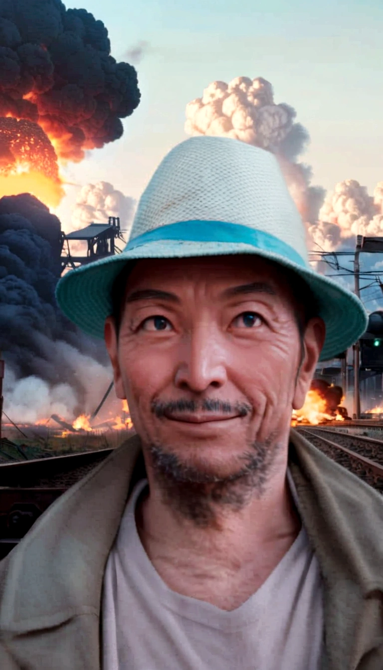 Arafed in a hat and jacket stands in front of the railway tracks, avatar image, headshot profile pictureture, avatar, burning scene in the background, explosion in the background, profile picture, in front of the smoke behind, explosion in the background, profile pictureture 1024px, before a nuclear explosion, profile pictureture