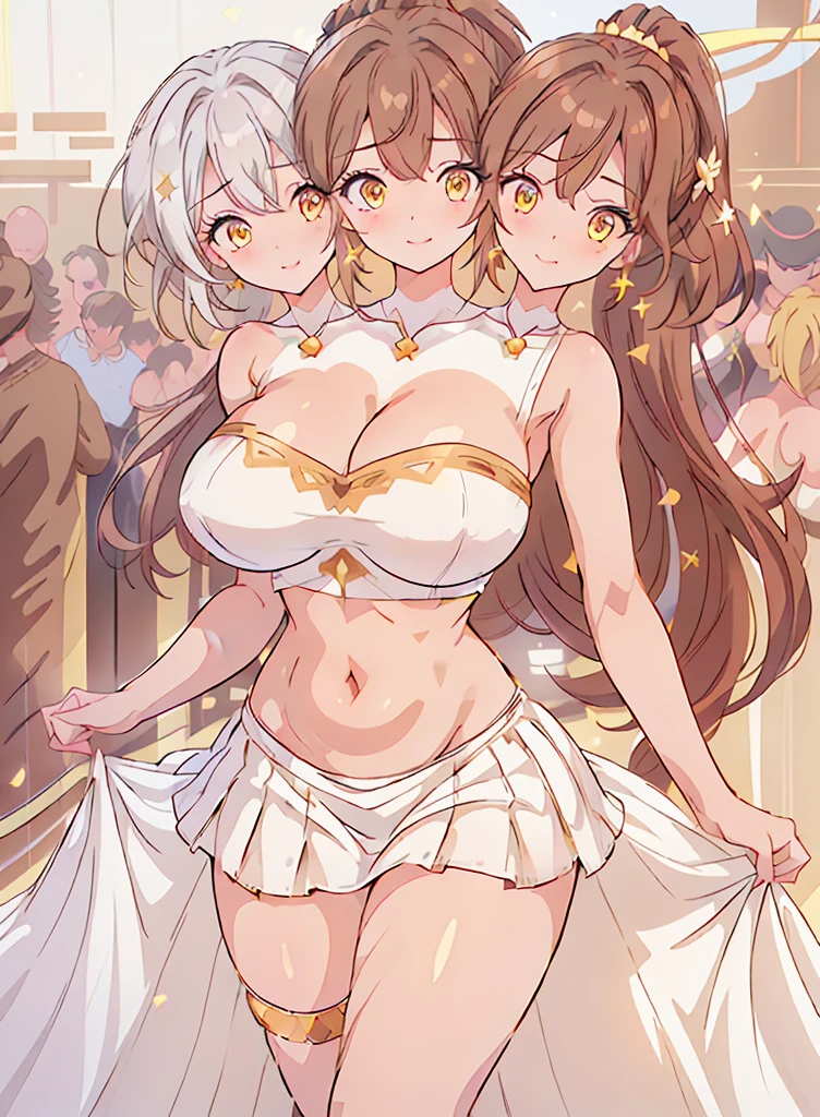 (16K), ((three headed woman)), smiling, highres, masterpiece, ((brown hair)), cleavage, large breasts, ((white dress:1.5)), lustrous and smooth skin, (mature woman), seductive silhouette, ((crop top)), sexy proportions, Beautiful girl with accentuated slender abs, seductive woman, ((party background)), necklace, white miniskirt, miniskirt, open belly, exposed midriff, strapless, sleeveless, yellow eyes, beautiful eyes, ((long bushy ponytail)), ((gala)), cowboy shots, very big tits, huge tits, open belly, exposed midriff