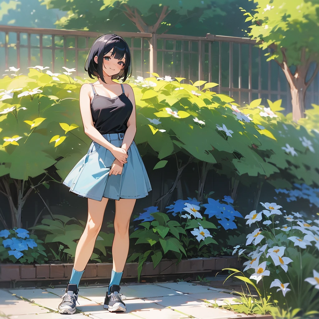 (high quality, High resolution, Very detailed, reality:1.37), Peaceful atmosphere, (Outdoor, garden), Teenage girl standing alone, (my breasts are big.), Beautiful details, Cute Smile, (Black bob hair), camisole, Denim skirt, Blue socks, sneakers.