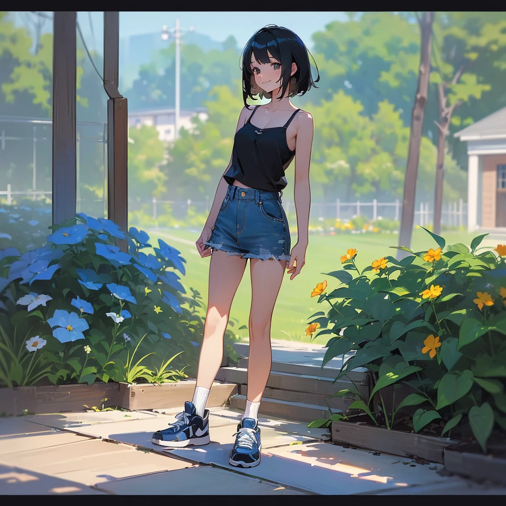 (high quality, High resolution, Very detailed, reality:1.37), Peaceful atmosphere, (Outdoor, garden), Teenage girl standing alone, (my breasts are big.), Beautiful details, Cute Smile, (Black bob hair), camisole, Denim skirt, Blue socks, sneakers.