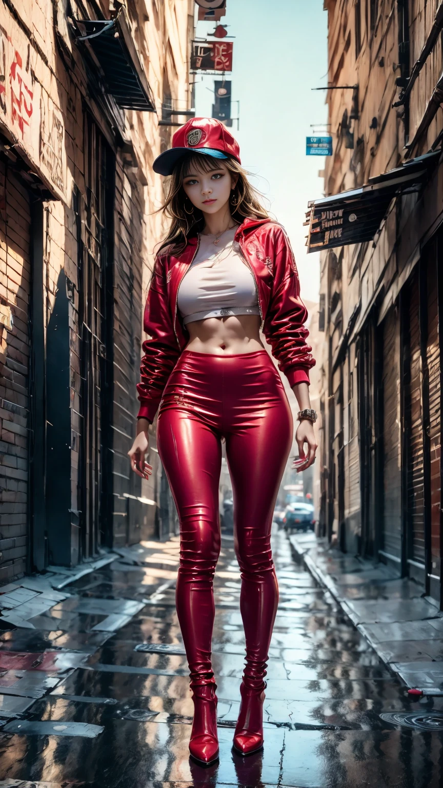 plano general, whole body, ((1 beautiful young woman, elegant, sensual:1.6)), (high resolution:1.2),ultra detailed, realist, sharp focus,showy,4k,8k, HD. Masterpiece, hiper realist, hyper detailed,With red hat, red camouflage, red sweatshirt, blue leggings, broad, by white:1.5, modern haircut:1.4, nasolabial , standing, half, (reality: 1.5), cyberpunk, Neon city, Neon, 3D, cgi, volumetric ray, white sclera, blue eyes,