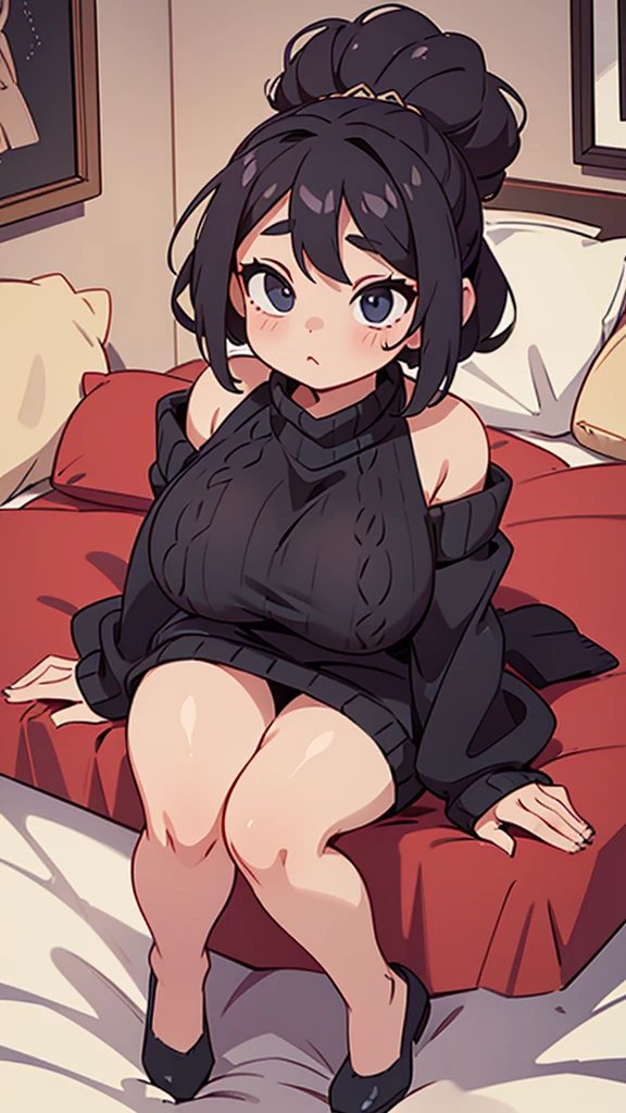 Cool beauty,Looks sweet, updo haistyle, (wearing black oversize sweater, off-shoulders), show cleavage, show big thigh, plump body, huge breast, full body photo, sitting on the bed.