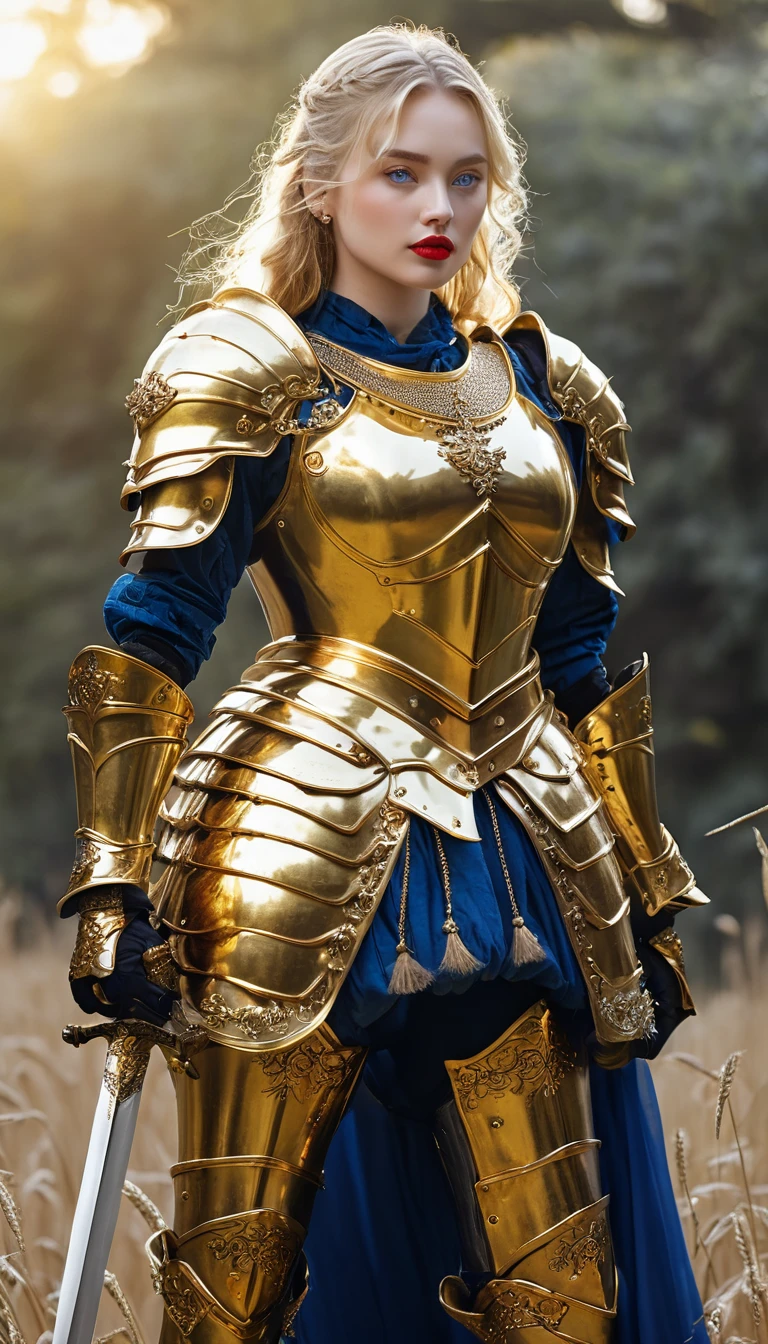 masterpiece,Highest quality,wonderful,(Female Knight_Female Knight:1),(Full body golden armor:1.3), (35歳のFemale Knight:1.3),、Big and ample breasts, Big Breasts,Big Breasts,,Hyper Real,中世ヨーロッパの都市のbattlefieldにいる,Expressionless,、British women、Delicate skin texture to the smallest detail 、(Detailed blue eyes)、(Chubby body type))、(Very large)、Middle-aged women、(ふわふわblondeの長い髪)、Wheat tanned skin、(blonde)、Very large、Female Knight、Big Breastsの谷間、豪華に装飾されたFull body golden armor、Medieval witch、Golden long boots with flashy decorations、Deep neckline、Pure gold and jewellery necklaces and collars、Big gold earrings、Bright red lips、豪華なFull body golden armorを着て、Gold Long Gloves、She has a big long sword、The sword is ornately decorated..........................、The blade is pitch black、(Female Knight)、(battlefield)、
