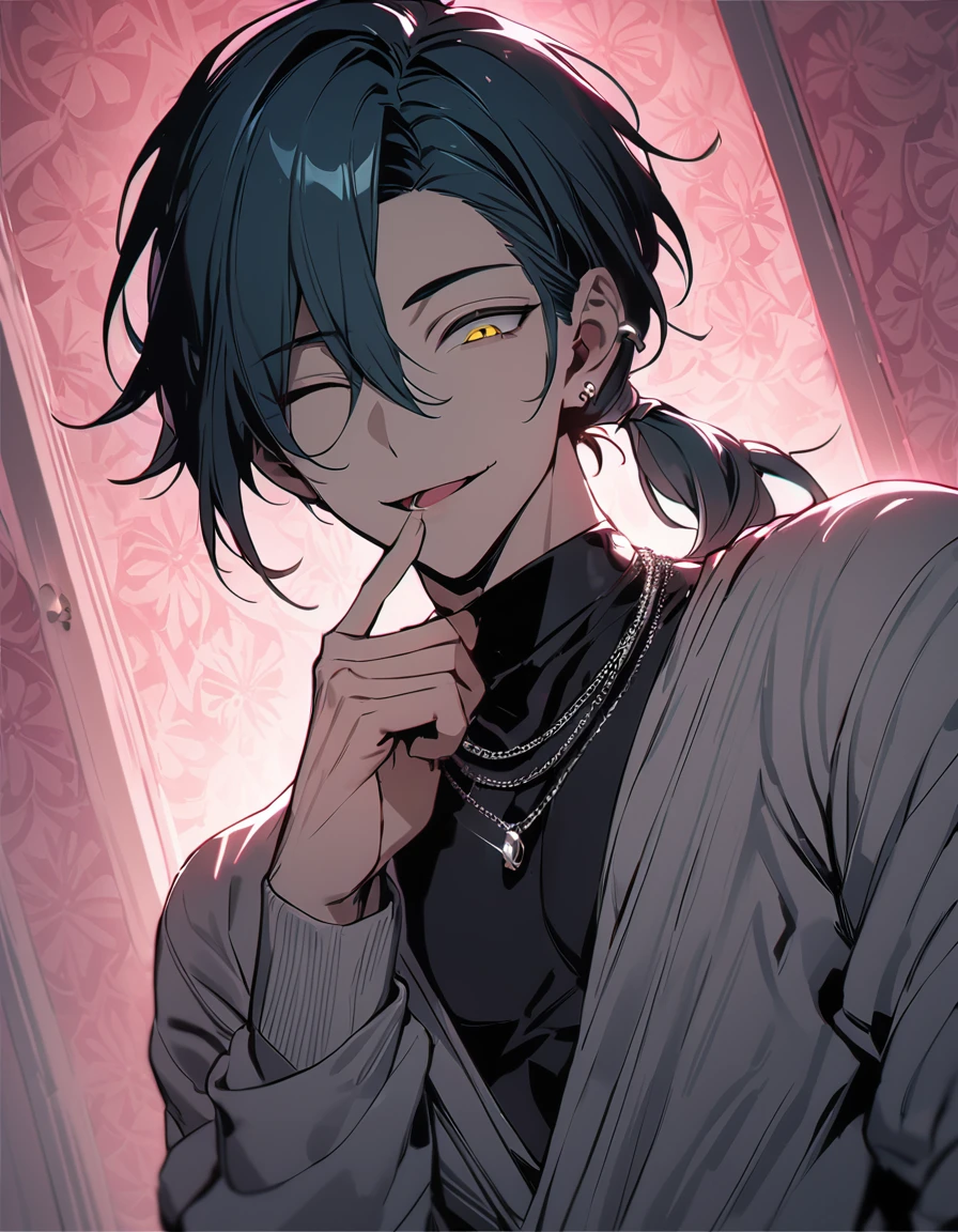 ((((best masterpiece, best quality, wallpaper,)))) solo, guy, male body, small muscles, flat chest, 1male, 30 years old, handsome man, dramatic angle, upper body, looking at viewers, beautiful detailed, finger to mouth, mediumturquoise hair, ((((Lower short ponytail)))), asymmetrical bangs, ((short hair,)) seductive smile, ((( one eye closed, gold eyes,))) (((^o^, tareme, droopy eyes,))) perfect face, sharp nose, seductive smile, clear face, black turtleneck, grey cardigan, ((silver piercing, silver necklace,)) leggings, lighting back, backlighting, pink background color ultrasharp, 8K, masterpiece,