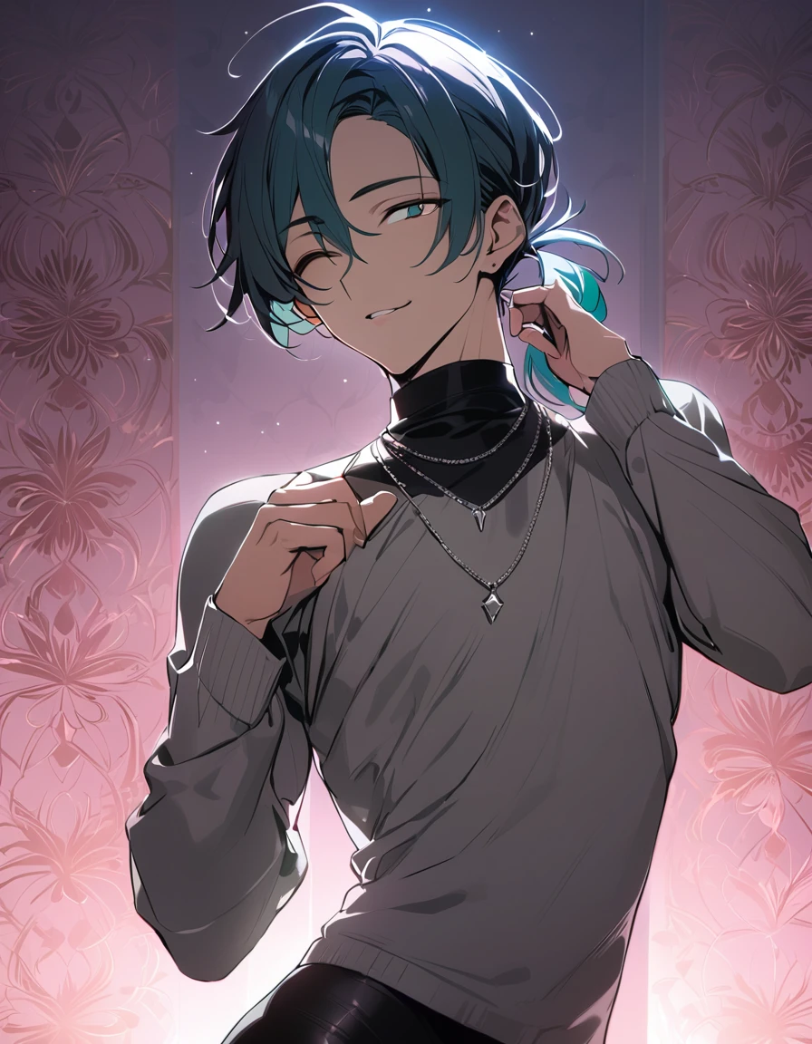 ((((best masterpiece, best quality, wallpaper,)))) solo, guy, male body, small muscles, flat chest, 1male, 30 years old, handsome man, dramatic angle, upper body, looking at viewers, beautiful detailed, finger to mouth, mediumturquoise hair, ((((Lower short ponytail)))), asymmetrical bangs, ((short hair,)) seductive smile, ((( one eye closed, gold eyes,))) (((^o^, tareme, droopy eyes,))) perfect face, sharp nose, seductive smile, clear face, black turtleneck, grey cardigan, ((silver piercing, silver necklace,)) leggings, lighting back, backlighting, pink background color ultrasharp, 8K, masterpiece,