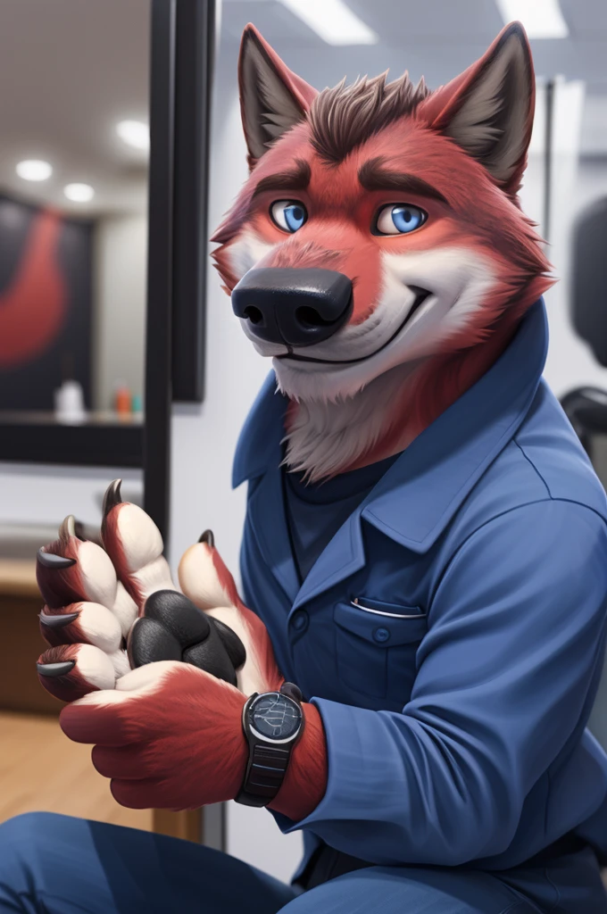 Ivan Fedorovich Wolfbach (Novosibirsk) ,tall handsome, wolf,young, 24 years, brown fur,Kind,(red body:1.3),beautiful blue eyes,Novosibirsk,dressed, plaid shirt, jeans,canine, wolf, detailed fur, male, second, paw pads, finger claws,At the viewer, 5 fingers, paws, 5 fingers, smile, wrist watch, т nextel,by xenoforge, (difficult, high detail, digital photography, soft focus, RAW,goes for a walk, ,Very close to the camera, variety,Novosibirsk, smile, good mood, positive, Very close to the camera, plaid shirt, At the hairdresser,
Photorealism, realistic, photorealistic, digital style, Subsurface scattering,I look at the viewer,is sitting, looks at the mirror, men's cosmetics, perfume perfumery, plaid shirt,
masterpiece, Best quality, ultra realistic, 8 thousand.)
