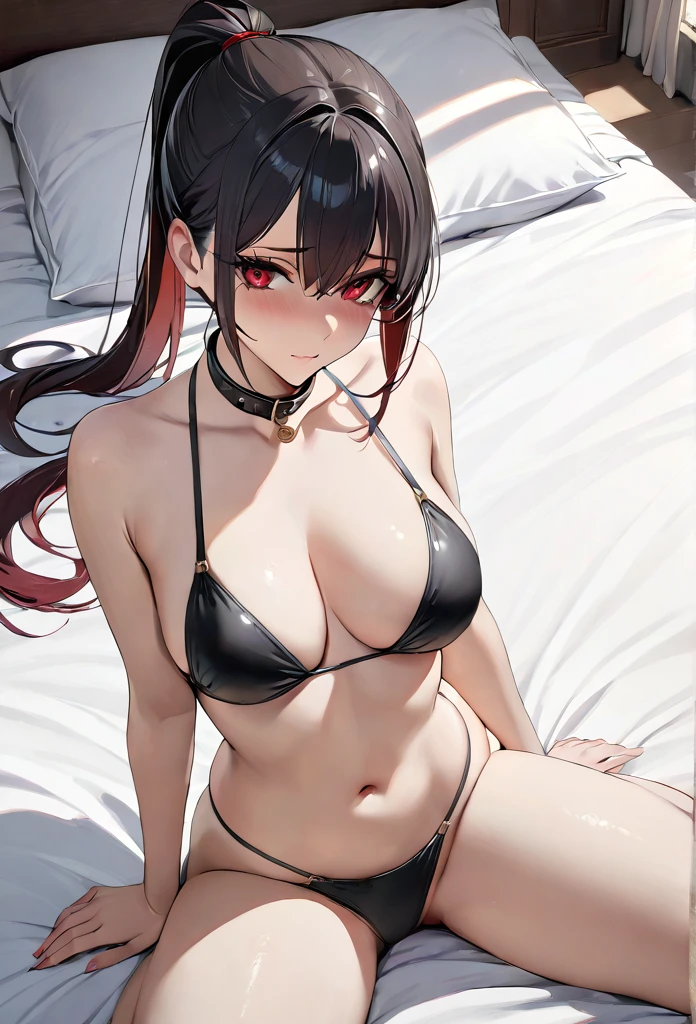 (masterpiece, Highest quality, High resolution, Super detailed, Highest quality), Detailed body, Detailed face, Detailed Red Eyes, ((realistic eyes)), Shy,  Tight waist, Black ponytail hair, sexy bikini, bedroom, hips up, ((lie on bed)), bended knee and opened legs, from above, (collar), ((medium breasts))