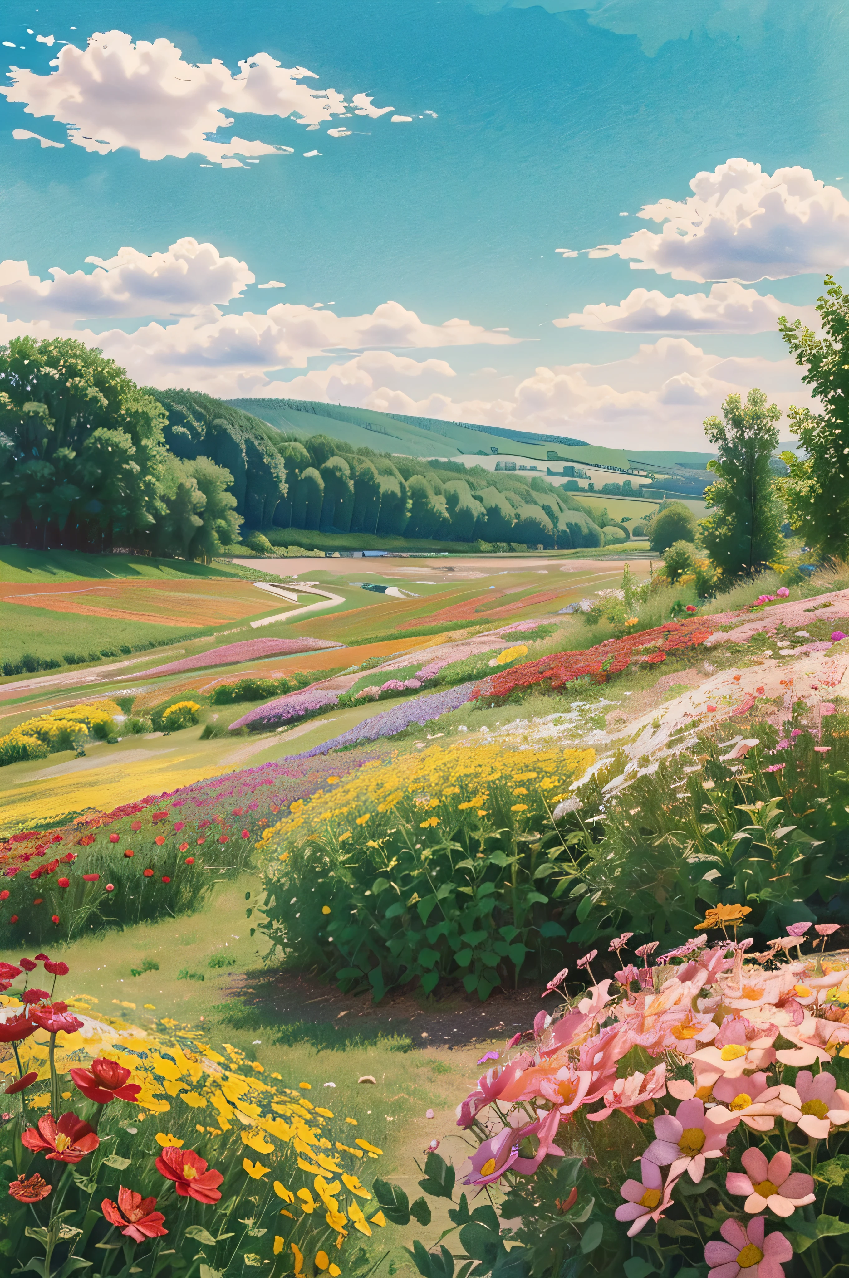 Watercolor flowers landscape background, abstract flowers made from watercolor paint splashes summer landscape, impressionism style illustration