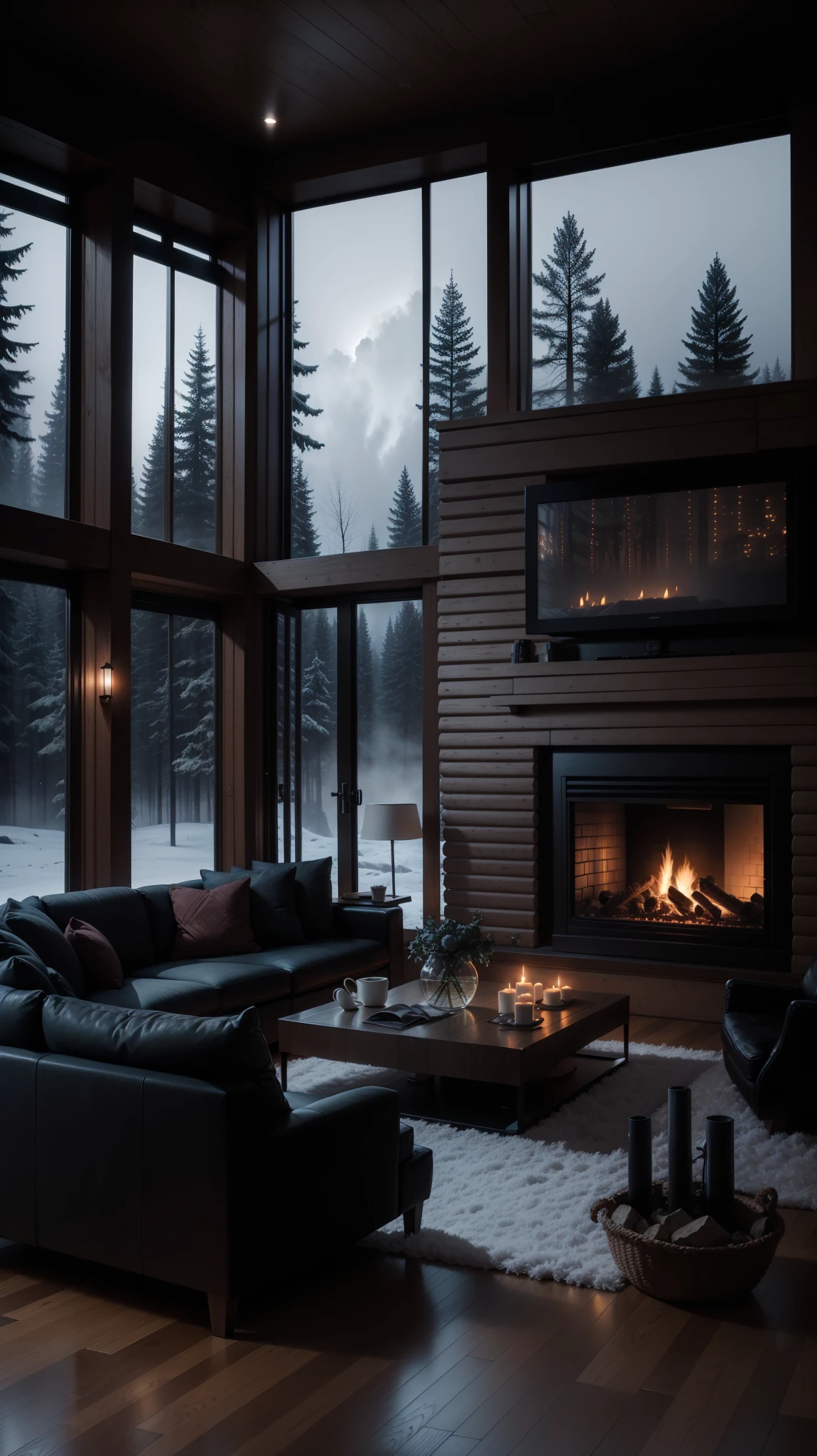cozy living room with fireplace at night on the edge of misty forest