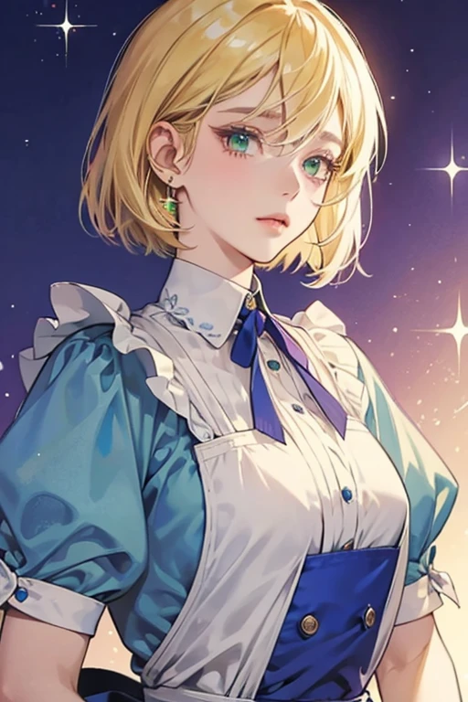 Liechtenstein is a girl who has blonde hair in a chin-length bob cut , and green eyes. She wears a blue/purple ribbon on the right side of her head. she was shown to wear a pink dress and apron. SPARKLE; GLITTER