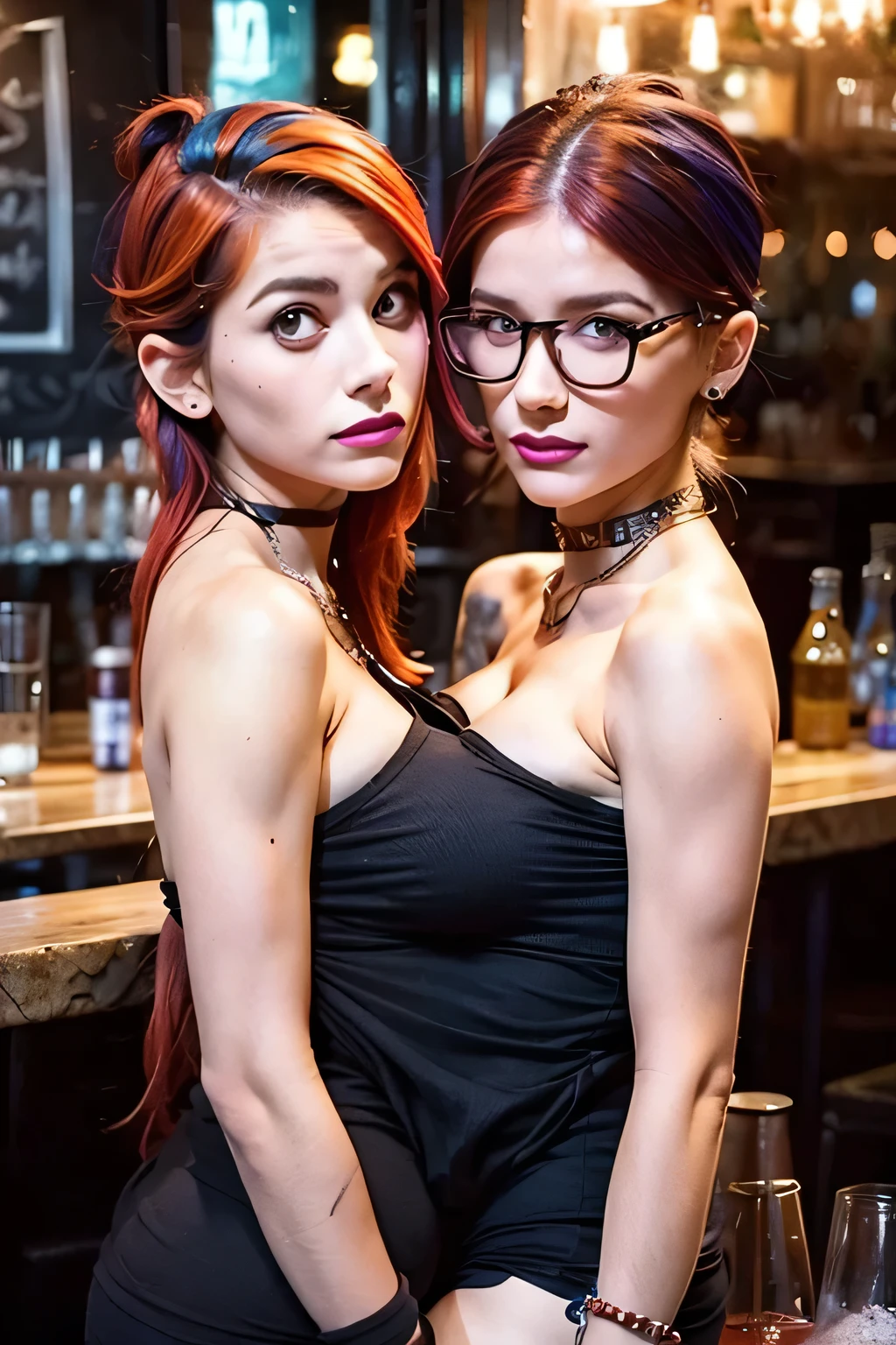 2heads, female couple, age 28, two heads on one body, conjoined, one torso, hipsters, multicolored hair, hipster fashion, at a bar