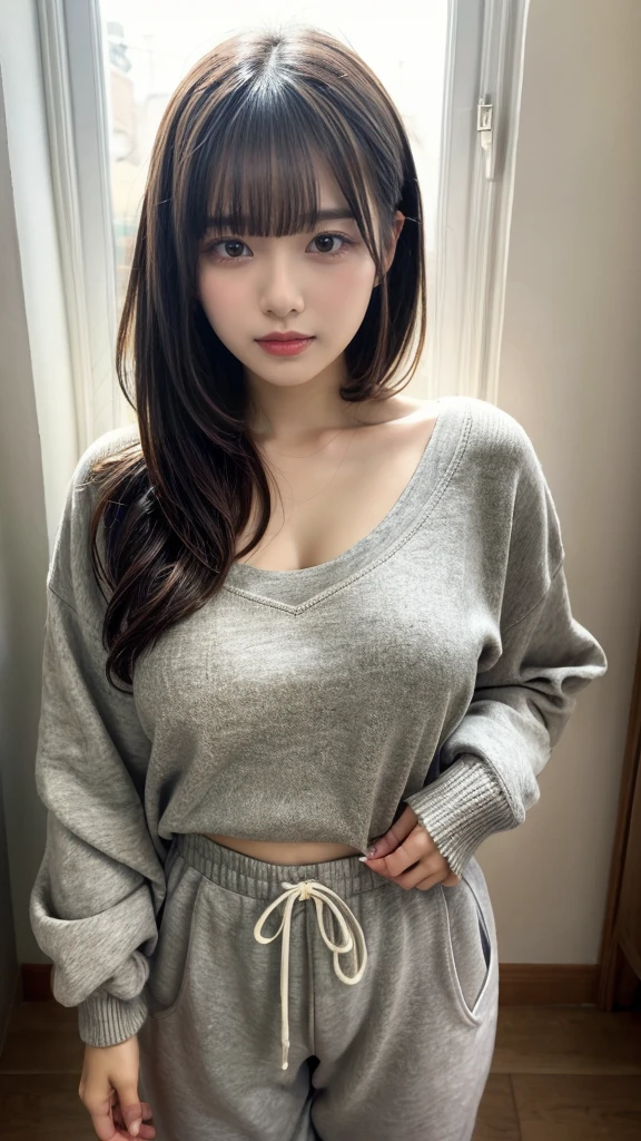 masterpiece, Best Quality, 8K, 20 yo, huge breasts, cuddly, Solo, sad, Cute, Girly, Delicate girl, Neat and clean beauty,  Raw photo, Professional Photography, Portrait, full body, front view, perfect body shape, Sophisticated, Film grain, (Eyes and faces with detailed:1.0), ponytail, short length floating hair, beautiful flowing hair, bangs, Oversized Sweatpants