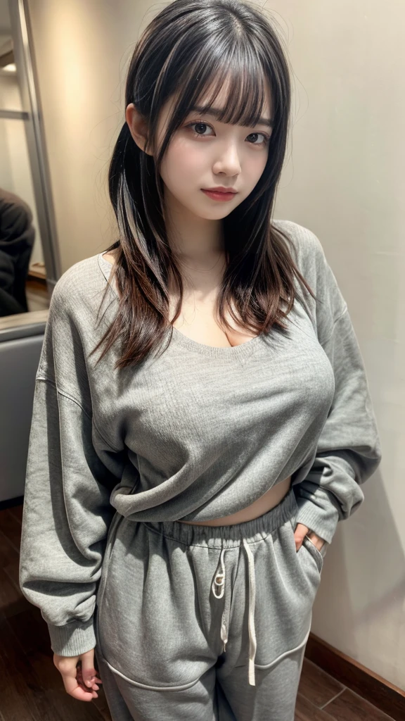 masterpiece, Best Quality, 8K, 20 yo, huge breasts, cuddly, Solo, sad, Cute, Girly, Delicate girl, Neat and clean beauty,  Raw photo, Professional Photography, Portrait, full body, front view, perfect body shape, Sophisticated, Film grain, (Eyes and faces with detailed:1.0), ponytail, short length floating hair, beautiful flowing hair, bangs, Oversized Sweatpants