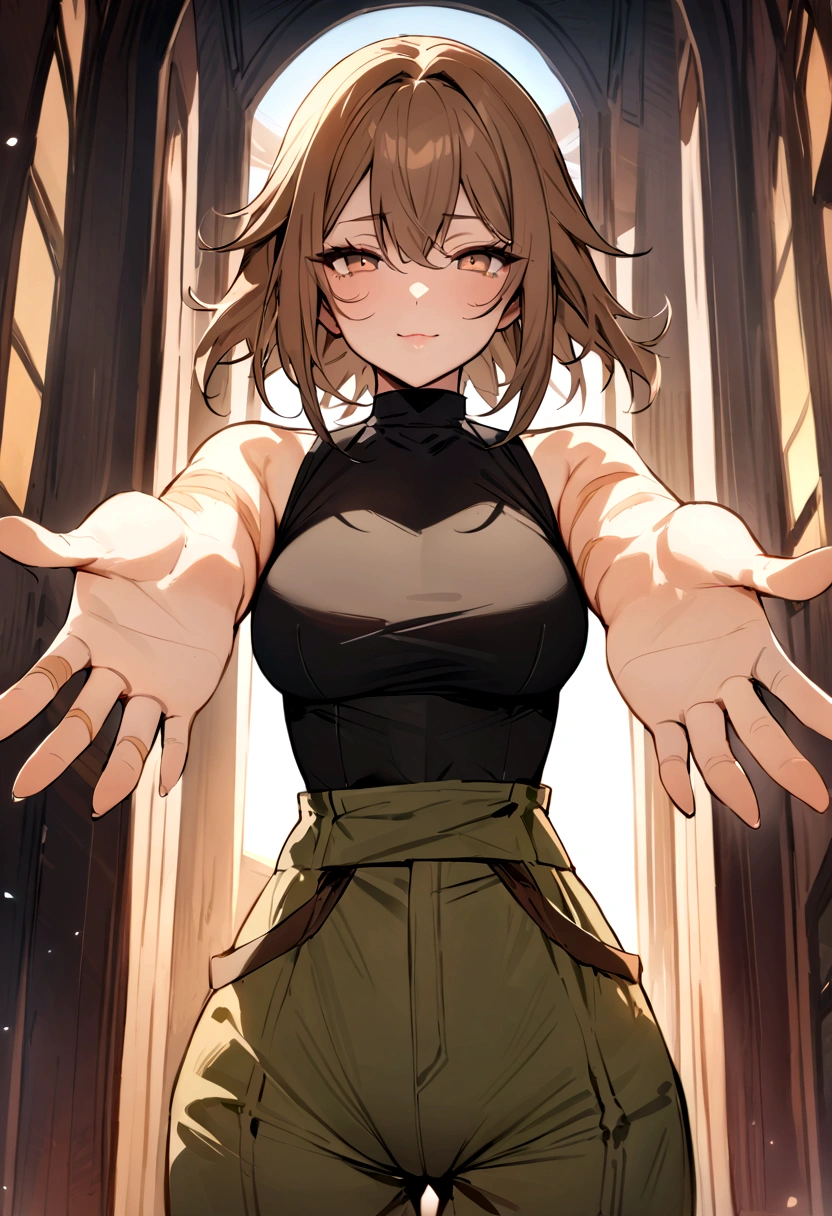 (masterpiece, best quality:1.2), Brown wavy haired girl, butterfly haircut, hazel eyes, light scars on arms, black sleeveless turtleneck compression shirt, wide-legged cargo pants